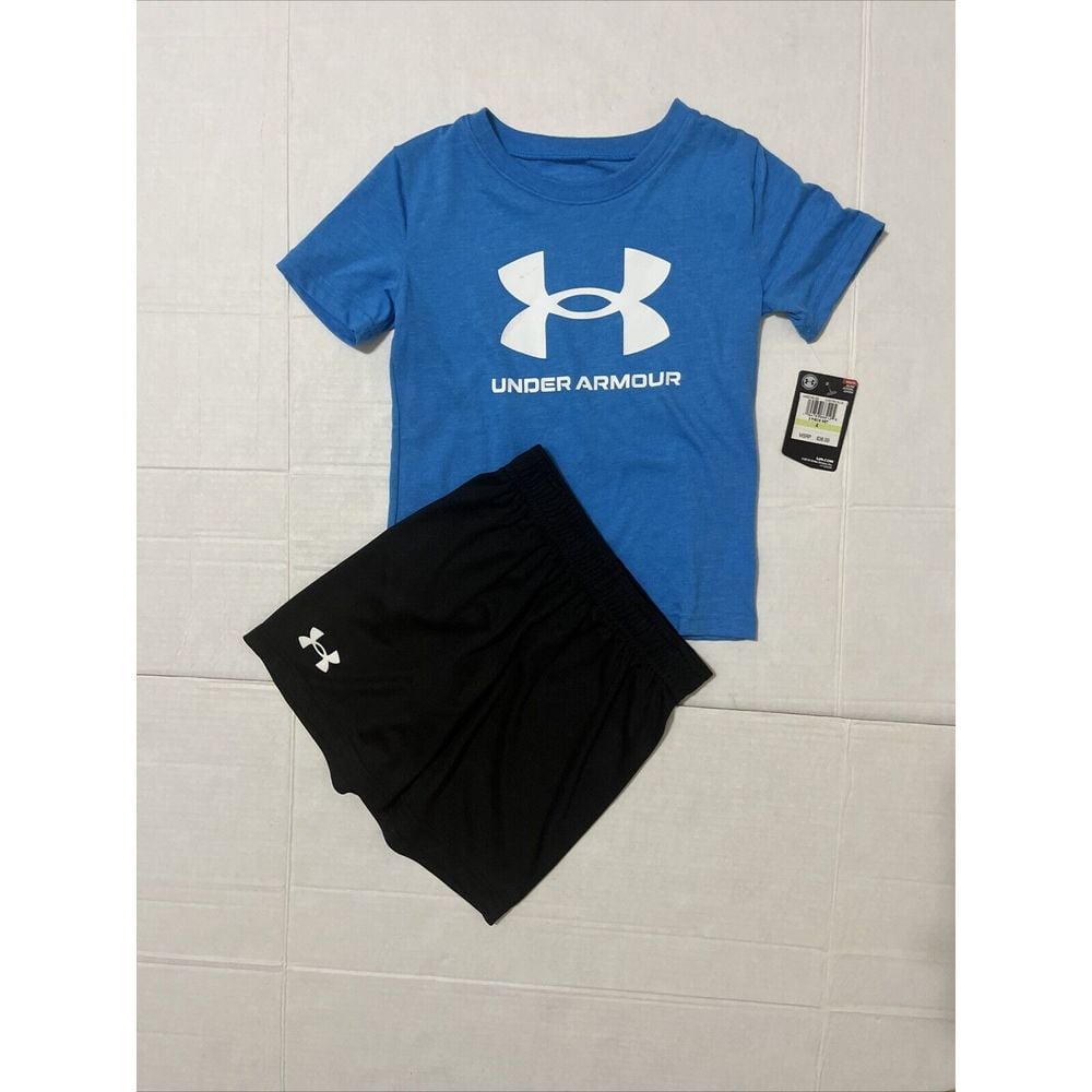 Under Armour Shirt & Shorts 2 Piece Blue White Black Graphic NWT Boys Set Size 4