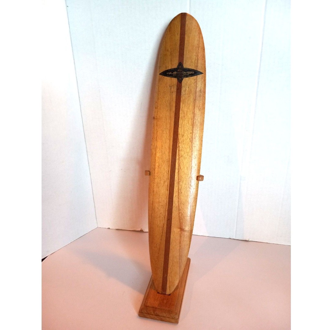 Vtg 90s Russ Makaha Quiksilver Boardriders Club Wooden Surfboard Trophy w/ Stand