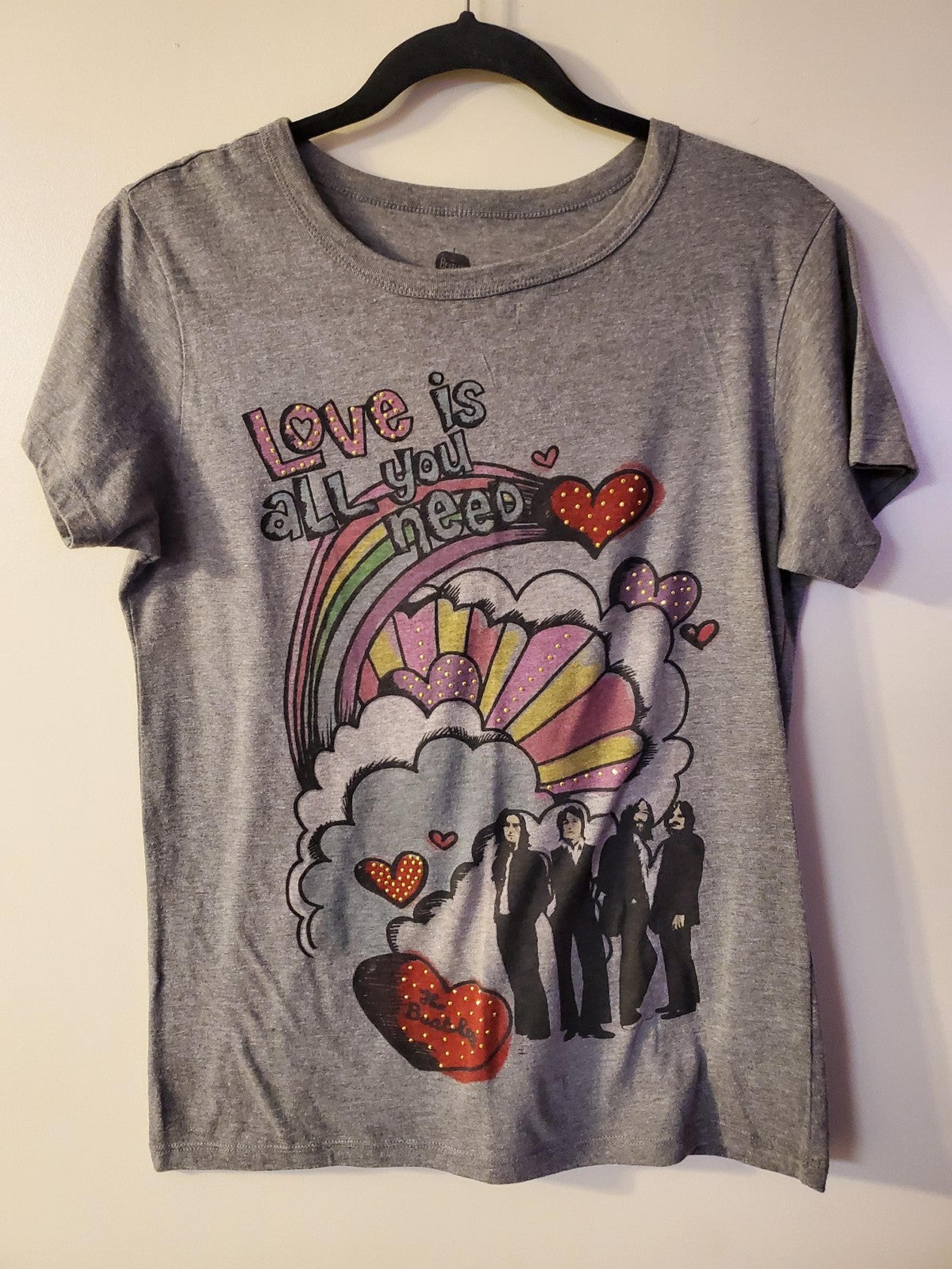 Beatles.  Shirt.  “All You Need Is Love”. GREY With Colored Studs  Ladies