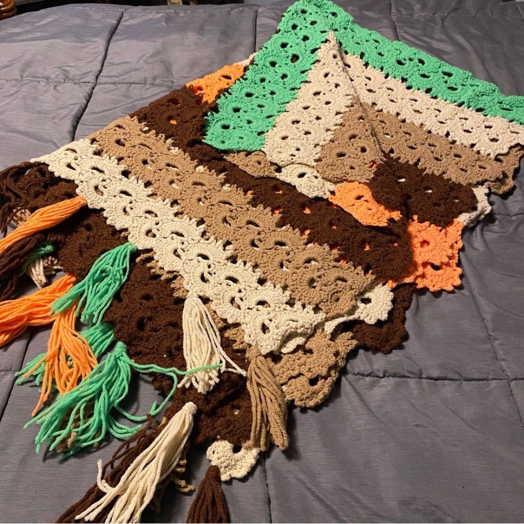 Crochet Knit Afghan Blanket Throw Tassel Handmade Orange Tan 70's Retro funky 90
