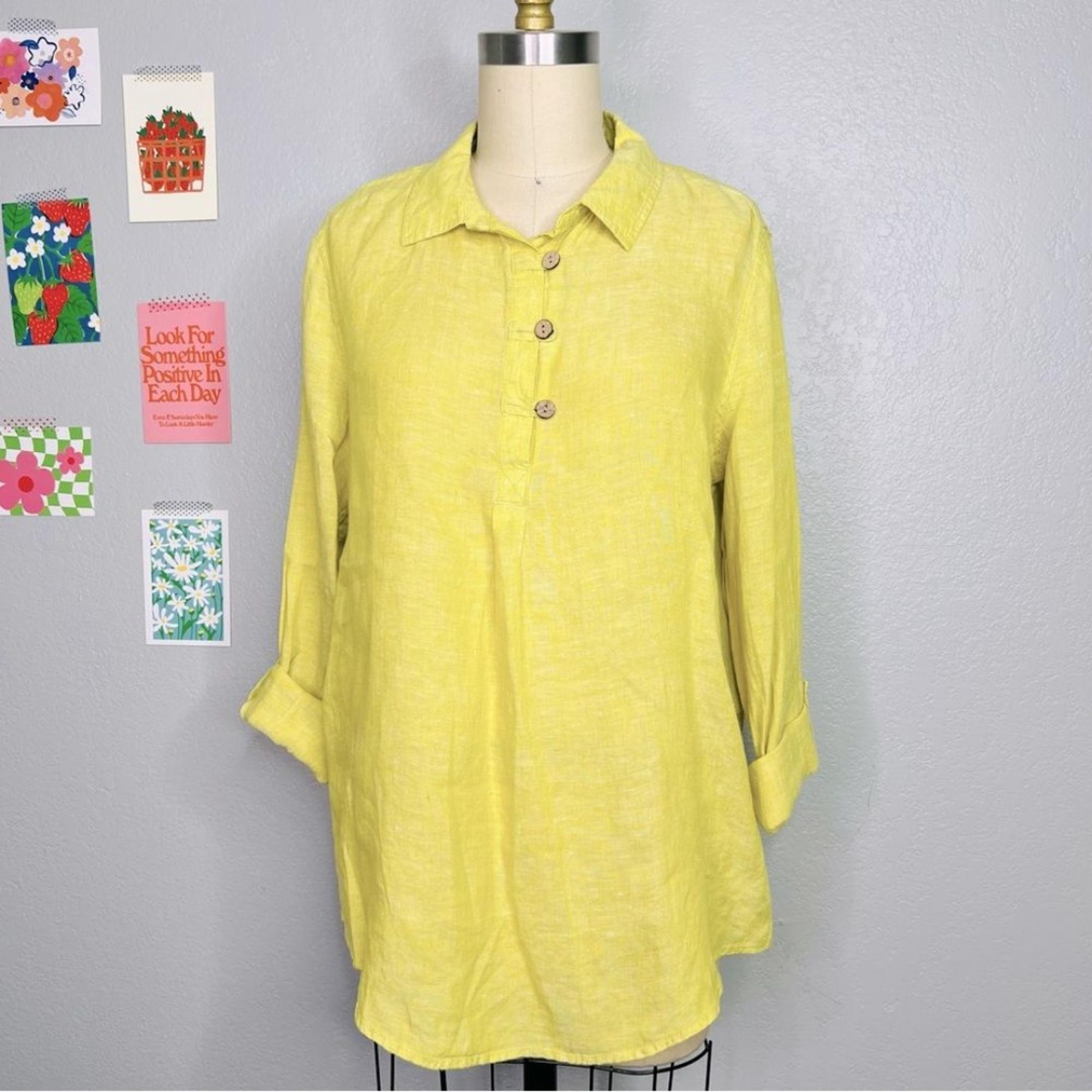 Sigrid Olsen Yellow Linen Tunic Top chartreuse - Size Small