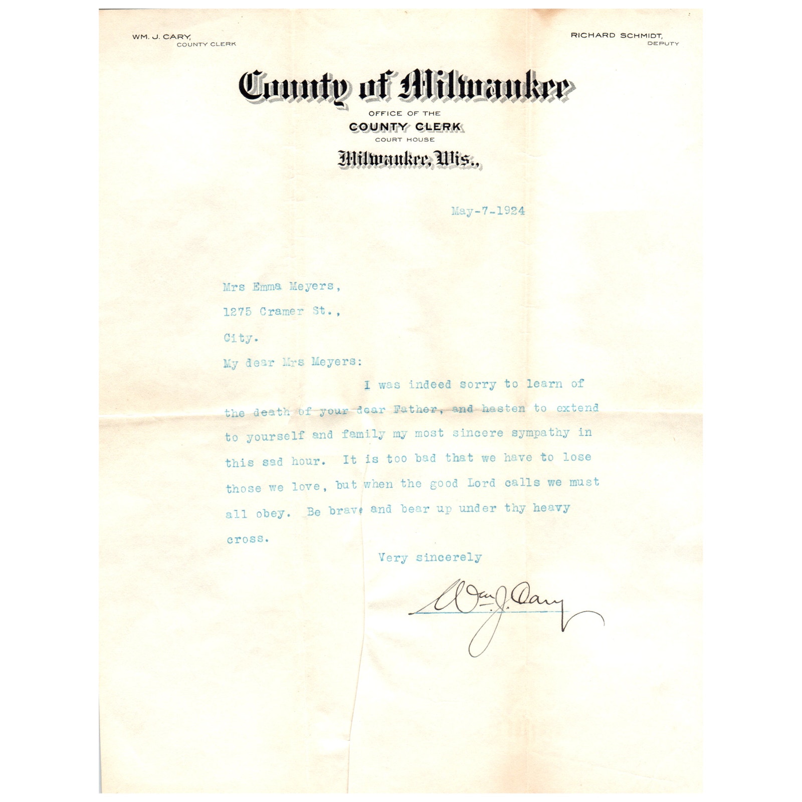 1924 Letter from Milwaukee County Clerk WM J. Cary & Shorewood to Emma Myers SE4