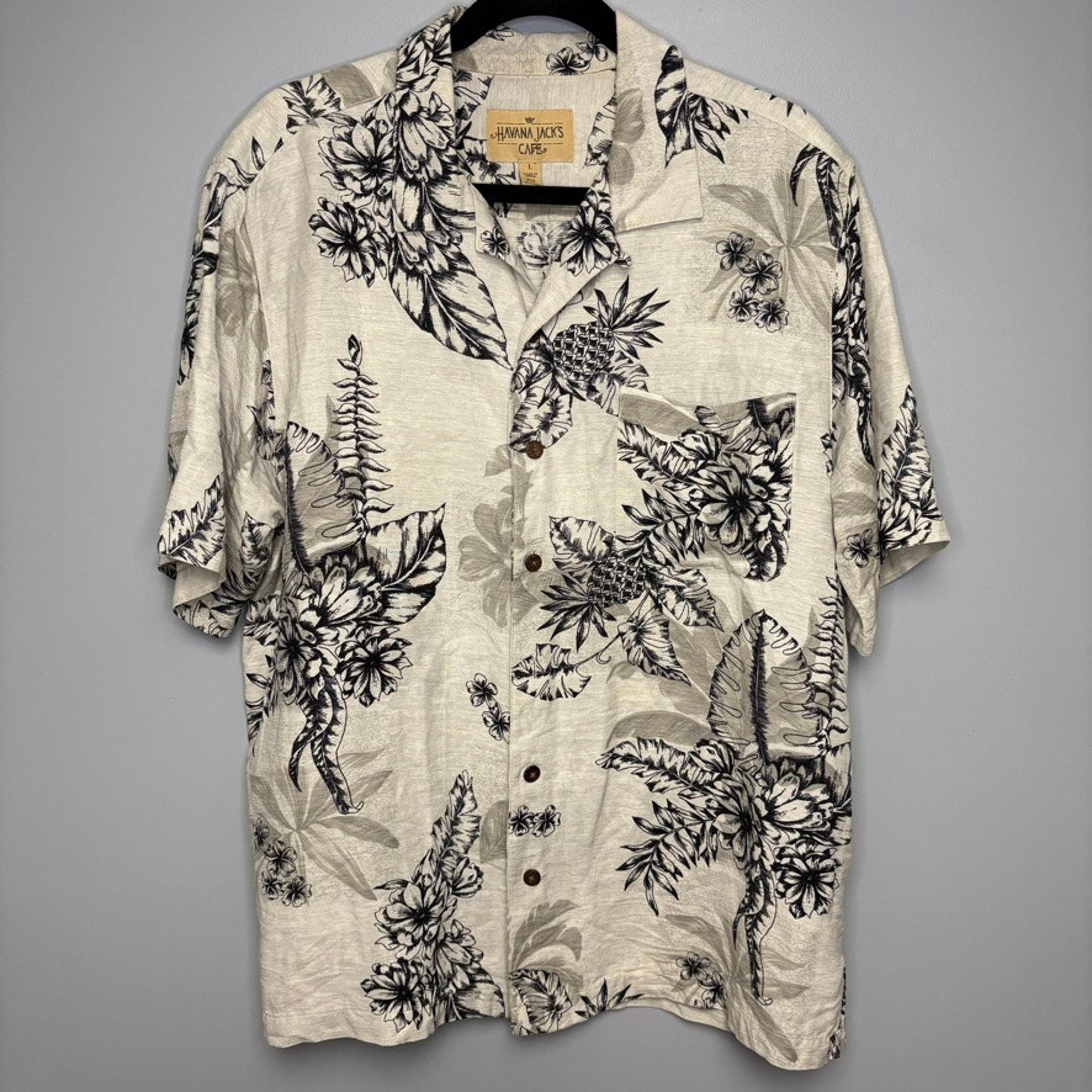 Havana Jack's Cafe 100% Silk Neutral Tropical Hawiian Shirt Mens Sz L