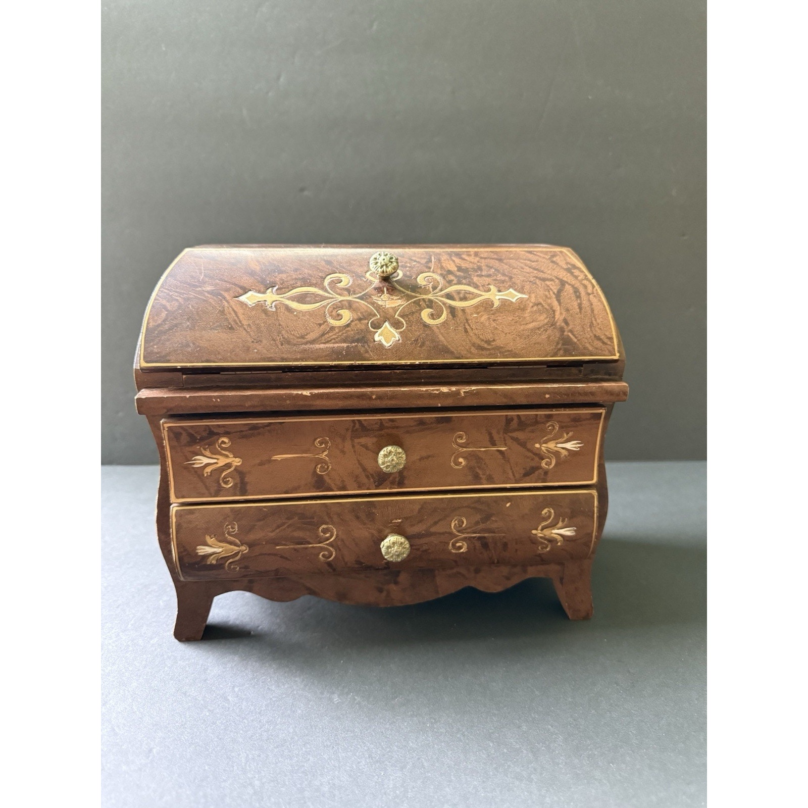 Vintage Wooden Musical Jewelry Box Hand Carved MCM Cottagecore Velvet Lined