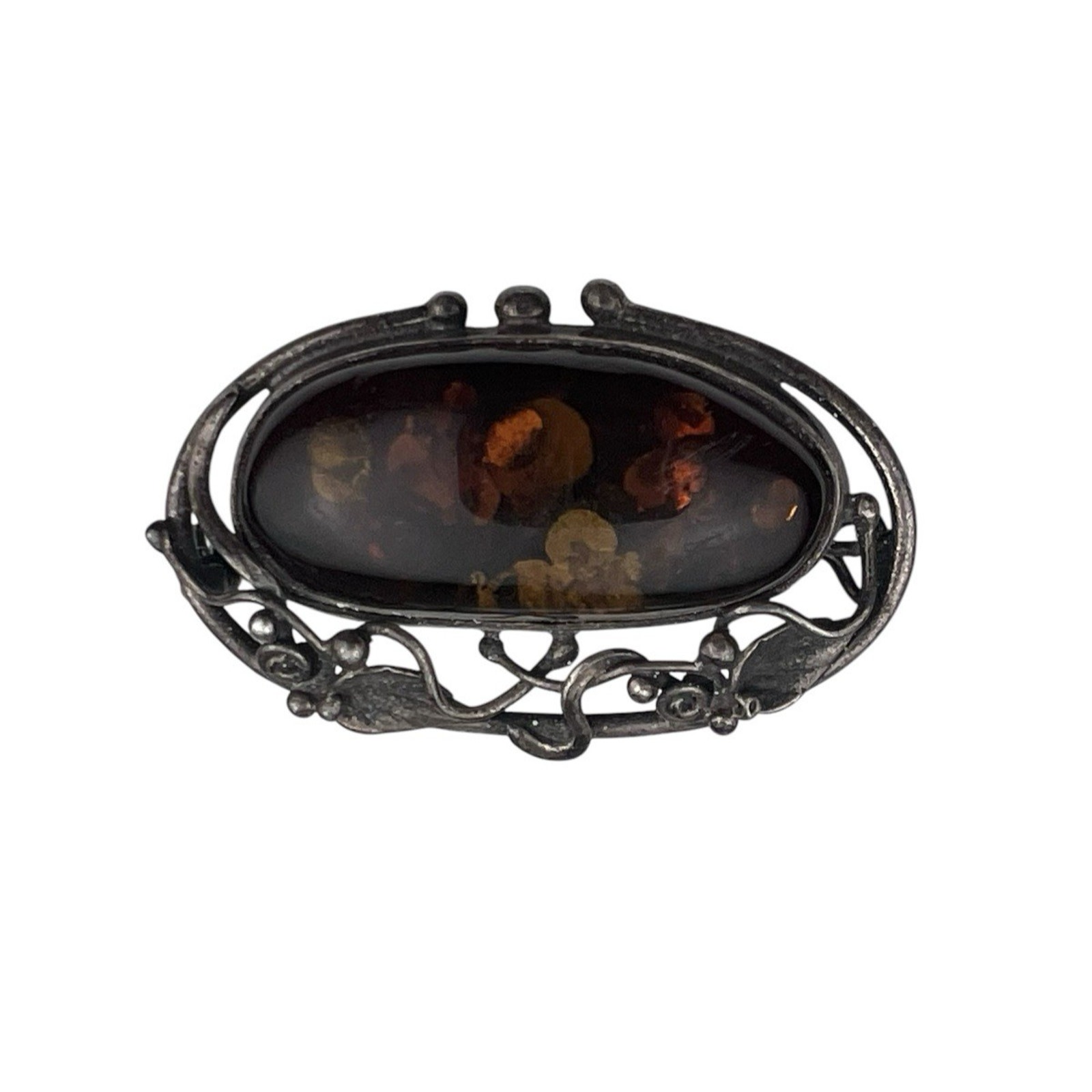 Sterling Silver Vintage Amber Brooch Leaf & Vine