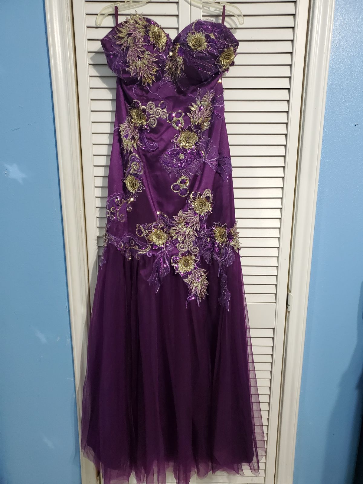 Purple and gold mermaid prom dress