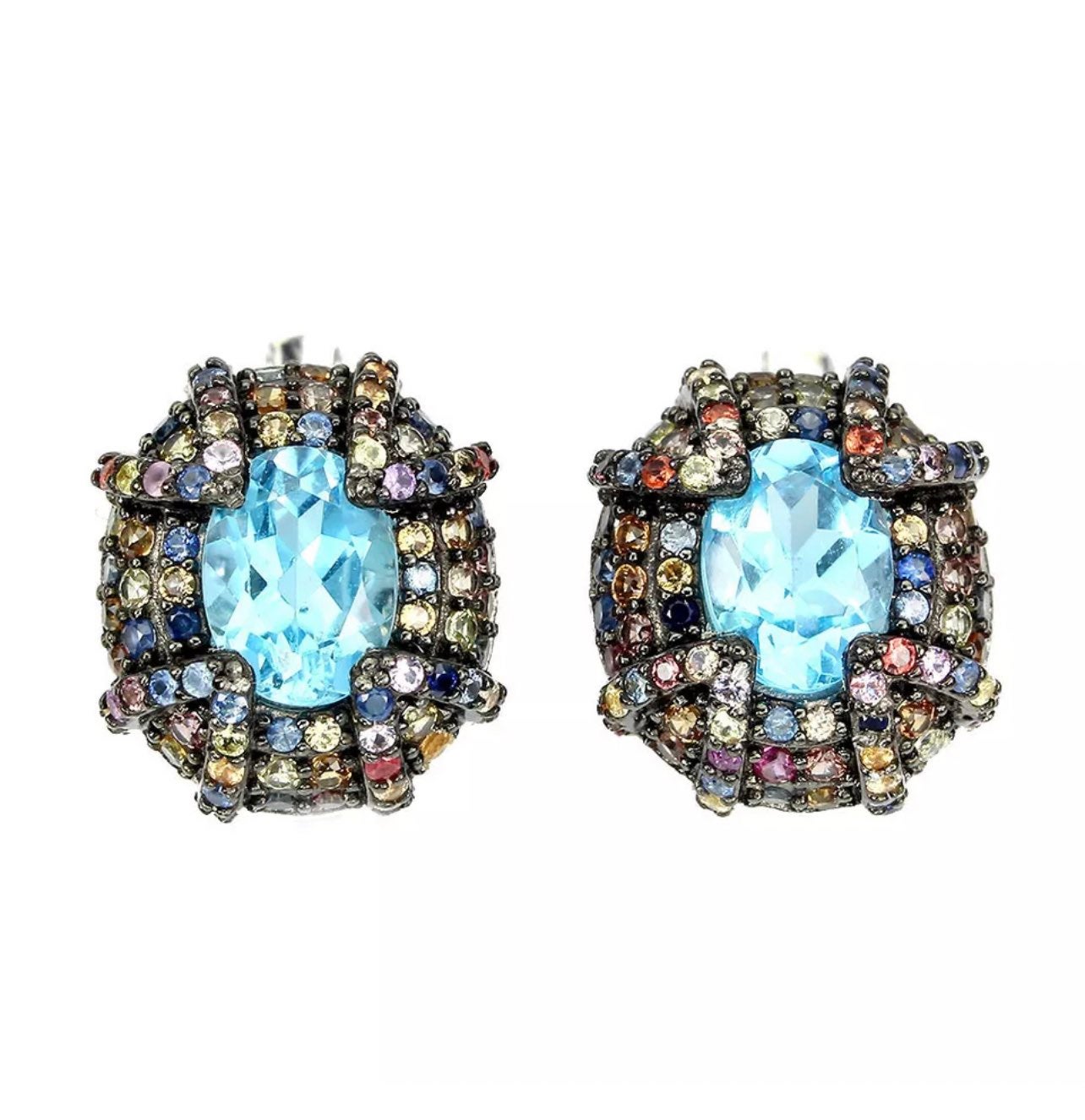 Natural Oval Swiss Blue Topaz 8x6mm Sapphire Diamond Cut 925 Sterling Silver Ear