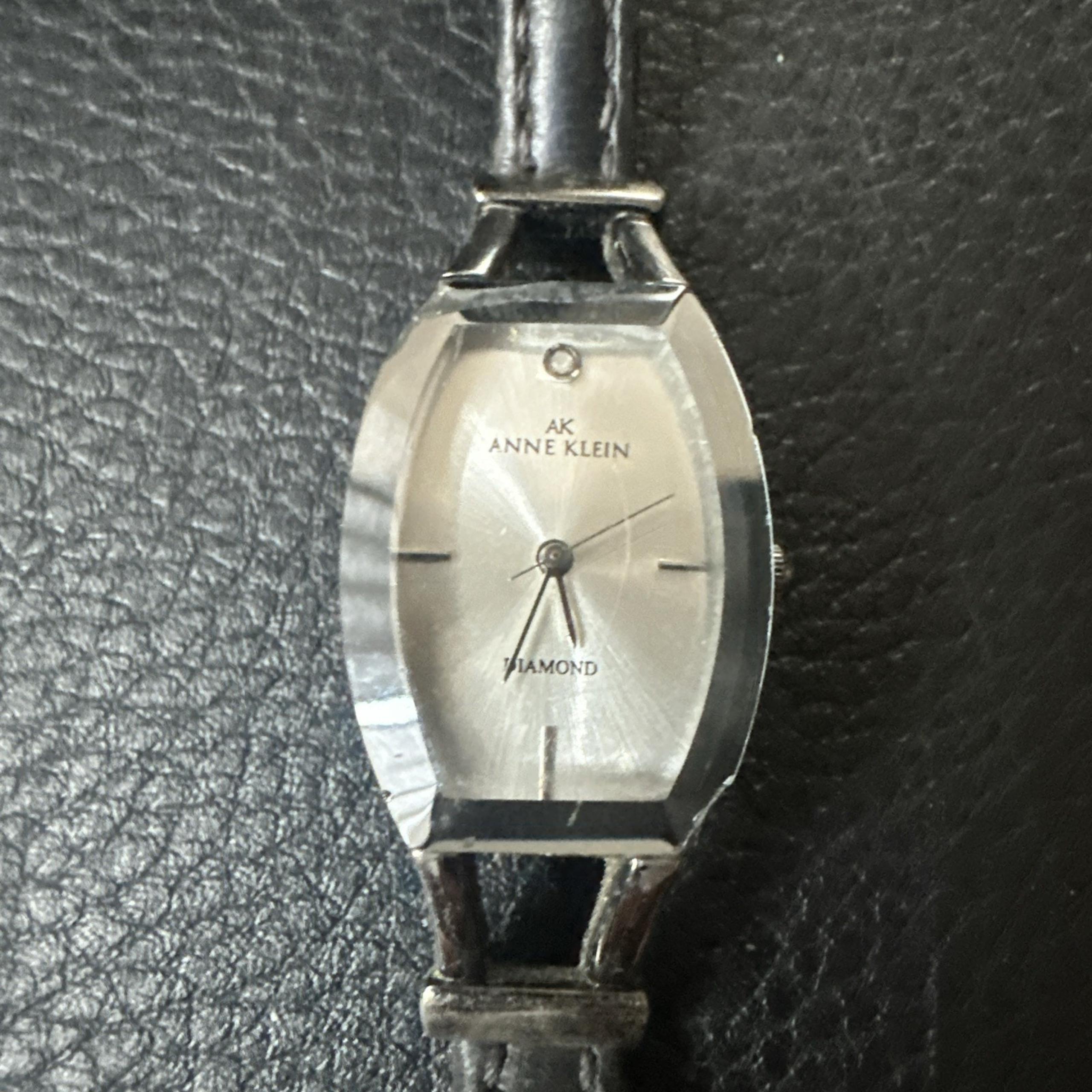 Vintage Anne Klein Diamond Watch Women Tonneau Silver Tone Brown Leather Band