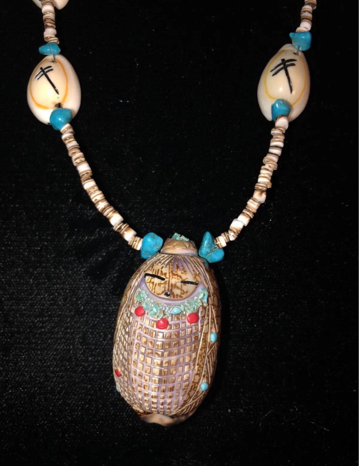 Zuni Carved Shell, Heshi Turquoise Corn Maiden Fetish Necklace Earring Set Quam
