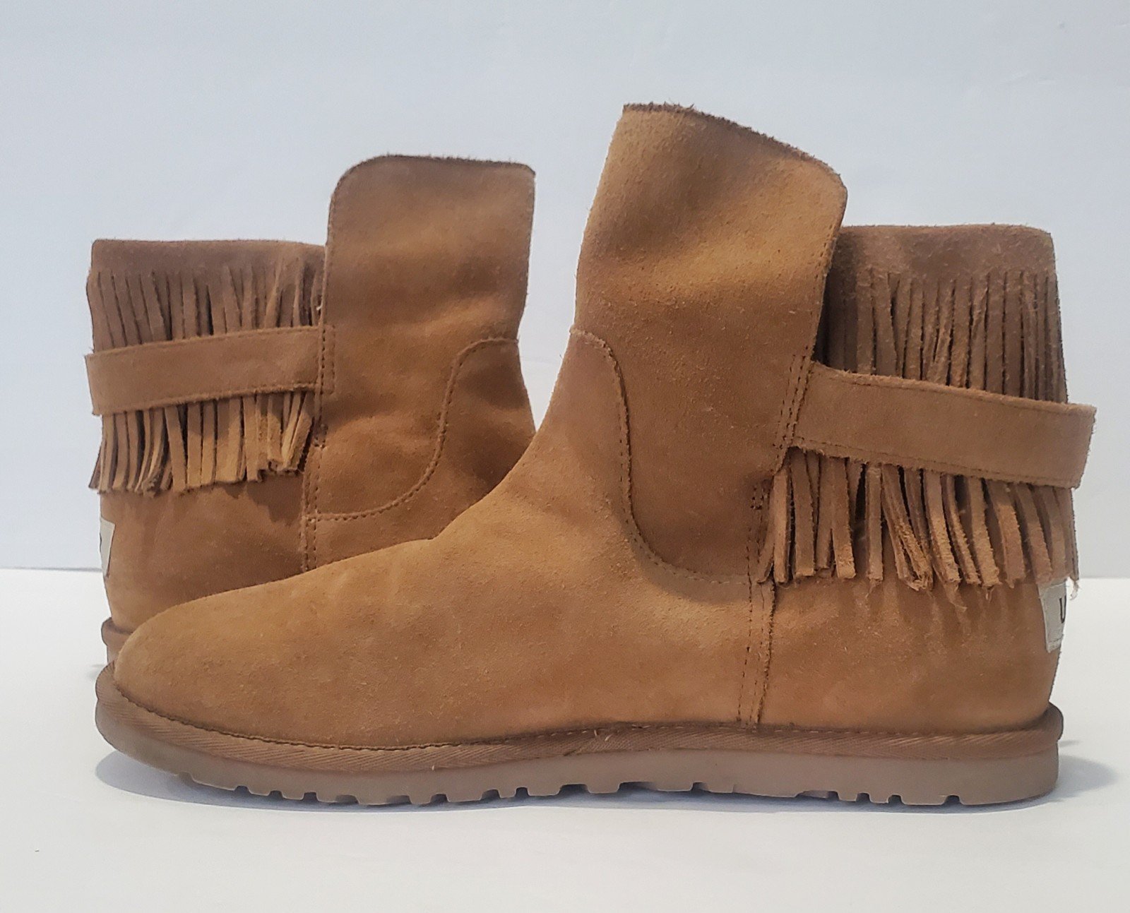UGG Cara Ankle Suede Fringe Buckle Short Boots. Size: 8