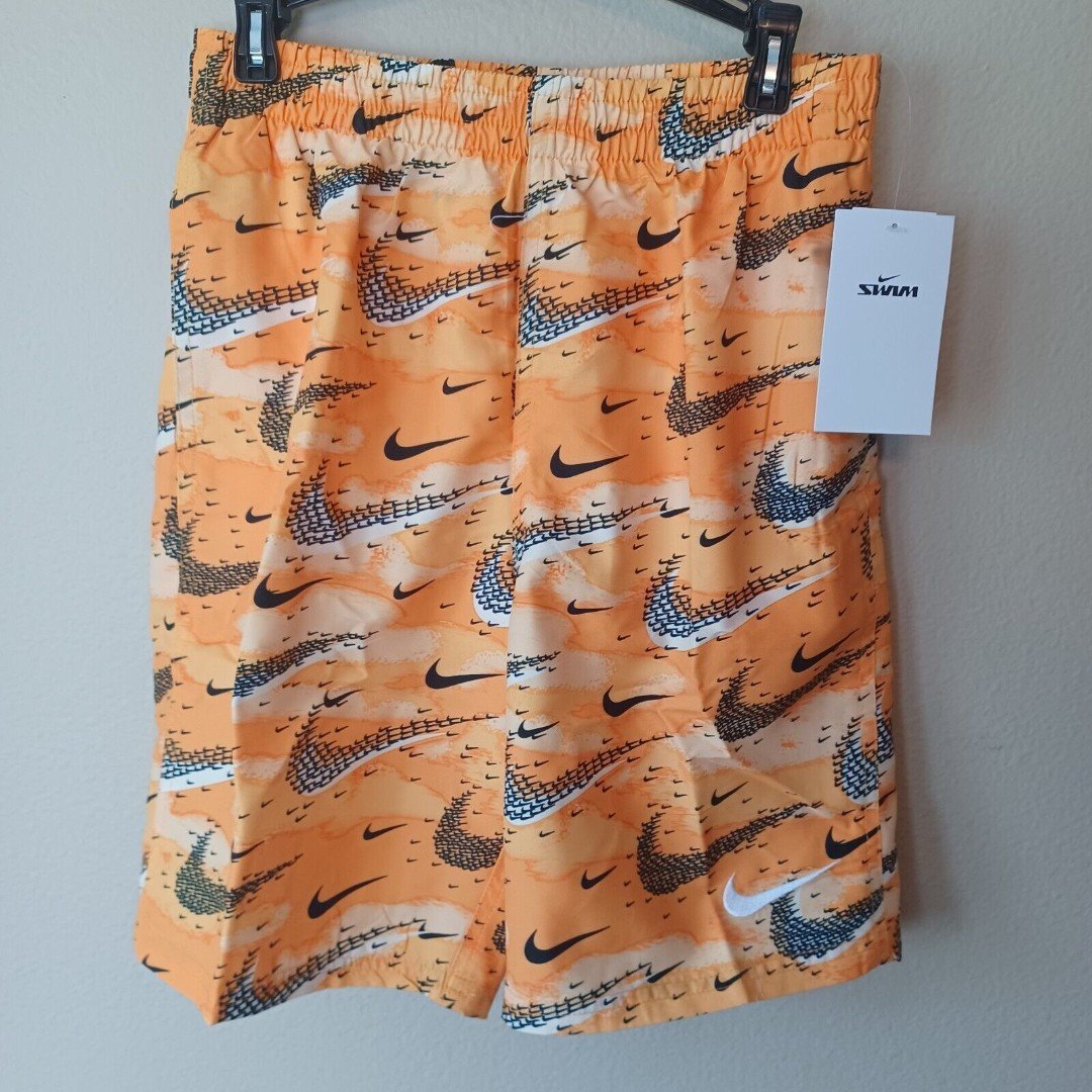 Nike Laser Orange Printed Volley Swim Trunks-L (14/16)-Orange-Black Swoosh