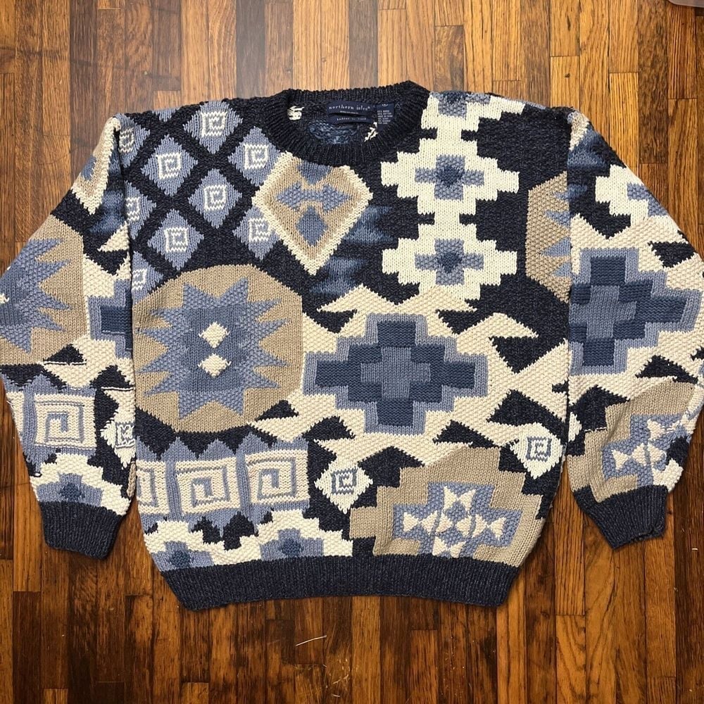 Northern Isles Hand Knit Men's L Aztec Sweater Ramie Cotton Blend Coastal Gramps
