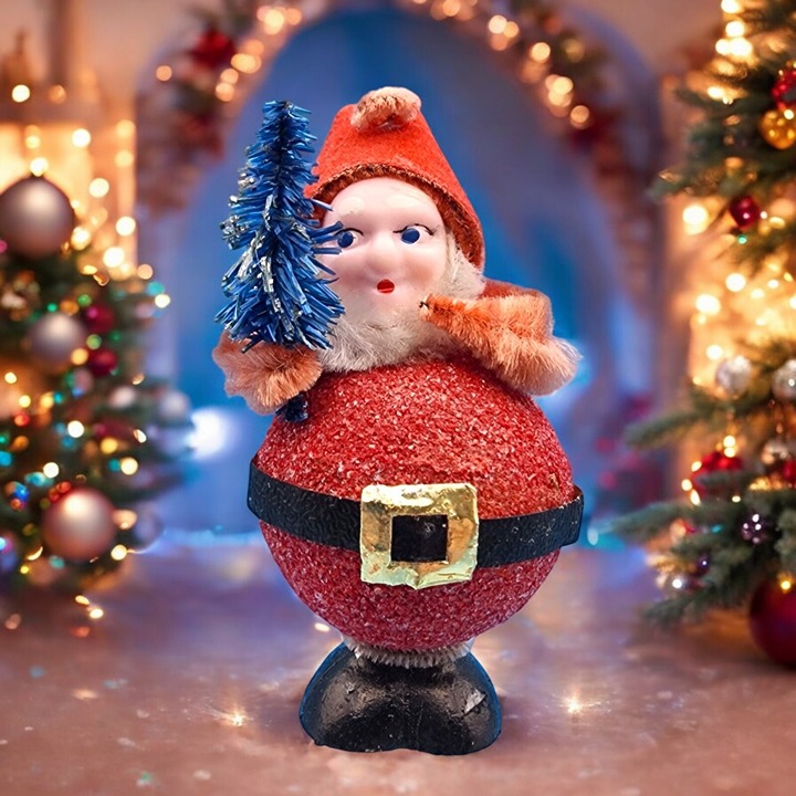 Vintage Putz Santa Ornament Bottle Brush Tree Red Mica Spun Cotton 1950s Japan