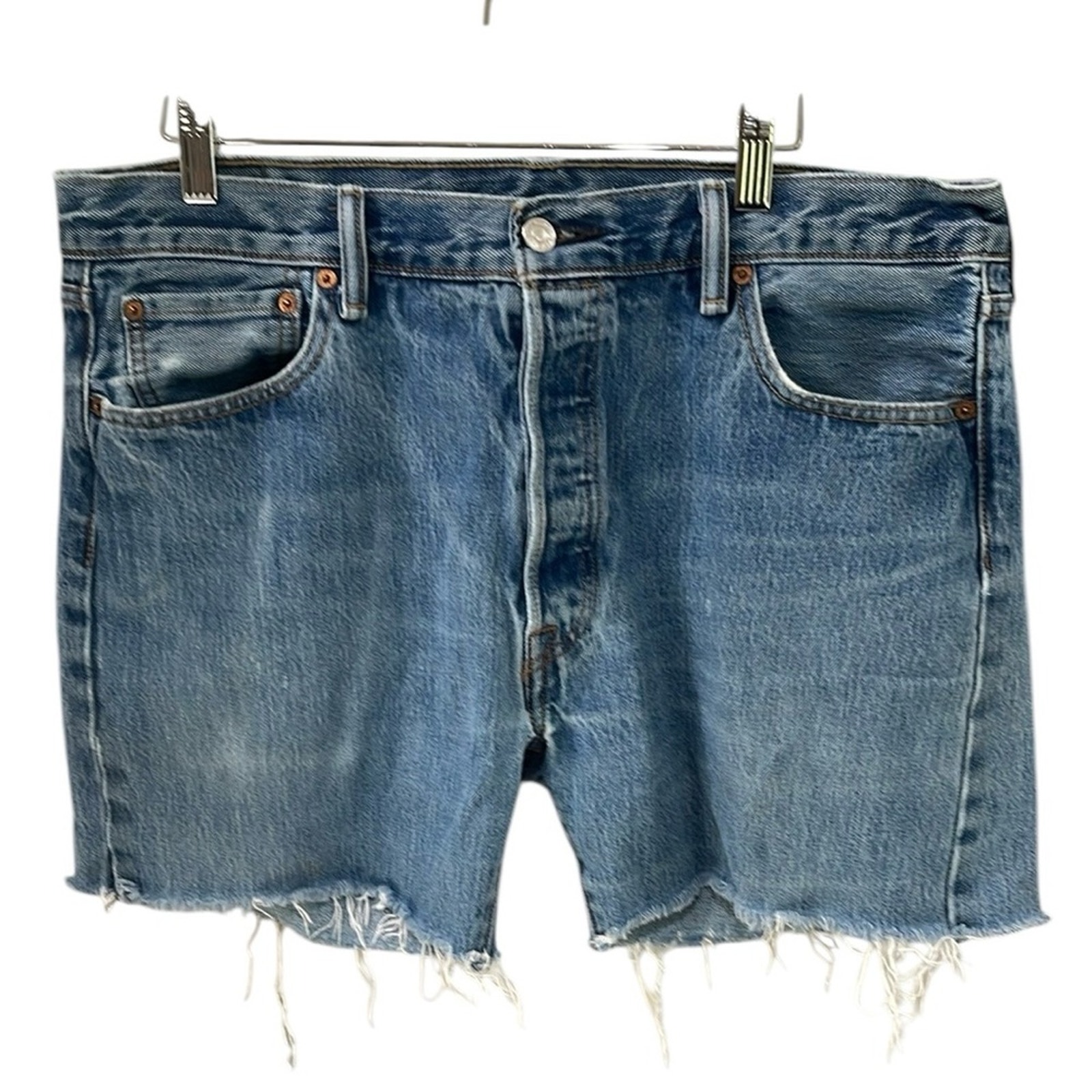 Levi’s Cut Off Distressed Wash Longer Length Jean Shorts SZ 35 Denim Blue