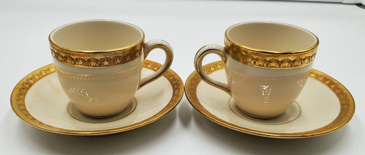 Vintage Lamberton Sterling China Demitasse 2-Cups And Saucers Gold Star Pattern