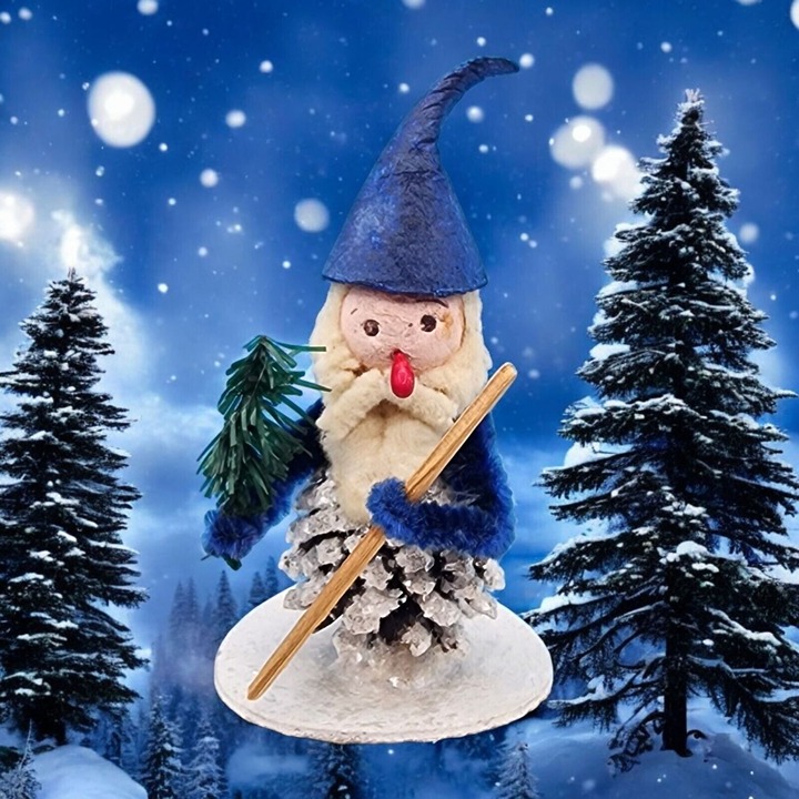Vintage Putz Blue Pinecone Elf Ornament With Bottlebrush Tree & Chenille Arms Ch