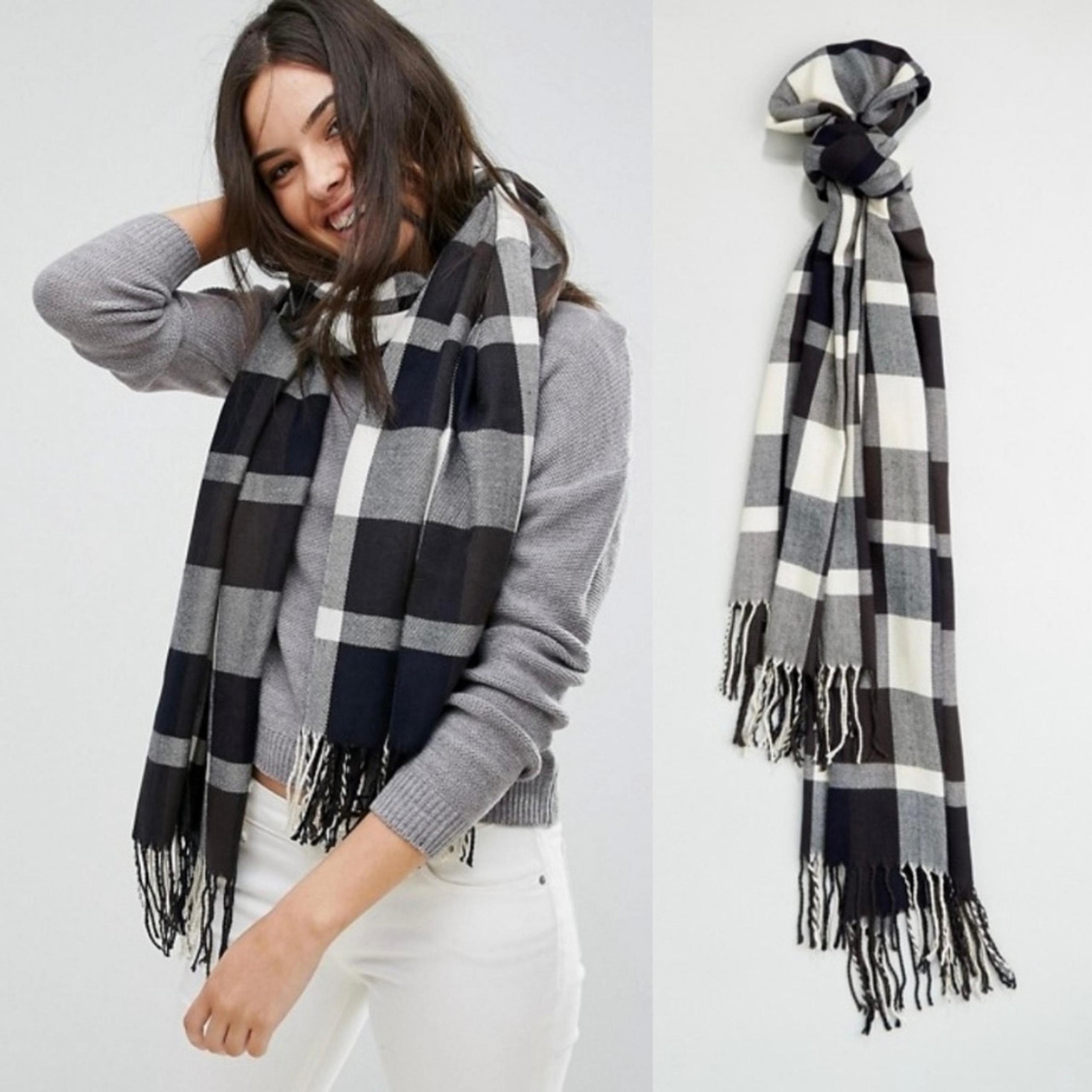 Plush Women's Ultra Soft Plaid Scarf Black White Navy Fringe Preppy Cozy
