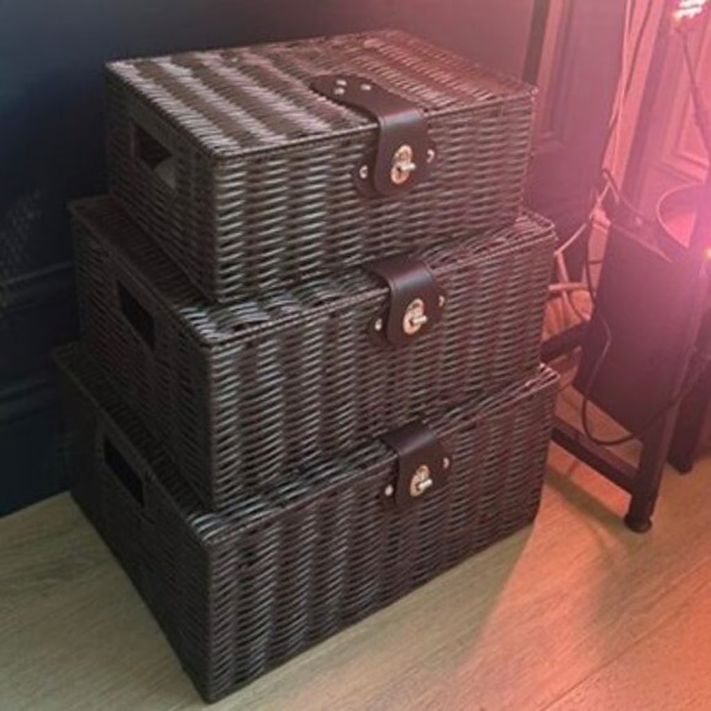 NEW Set of 3 Woven Storage Basket Box Wicker Hamper Stackable Bin with Lid
