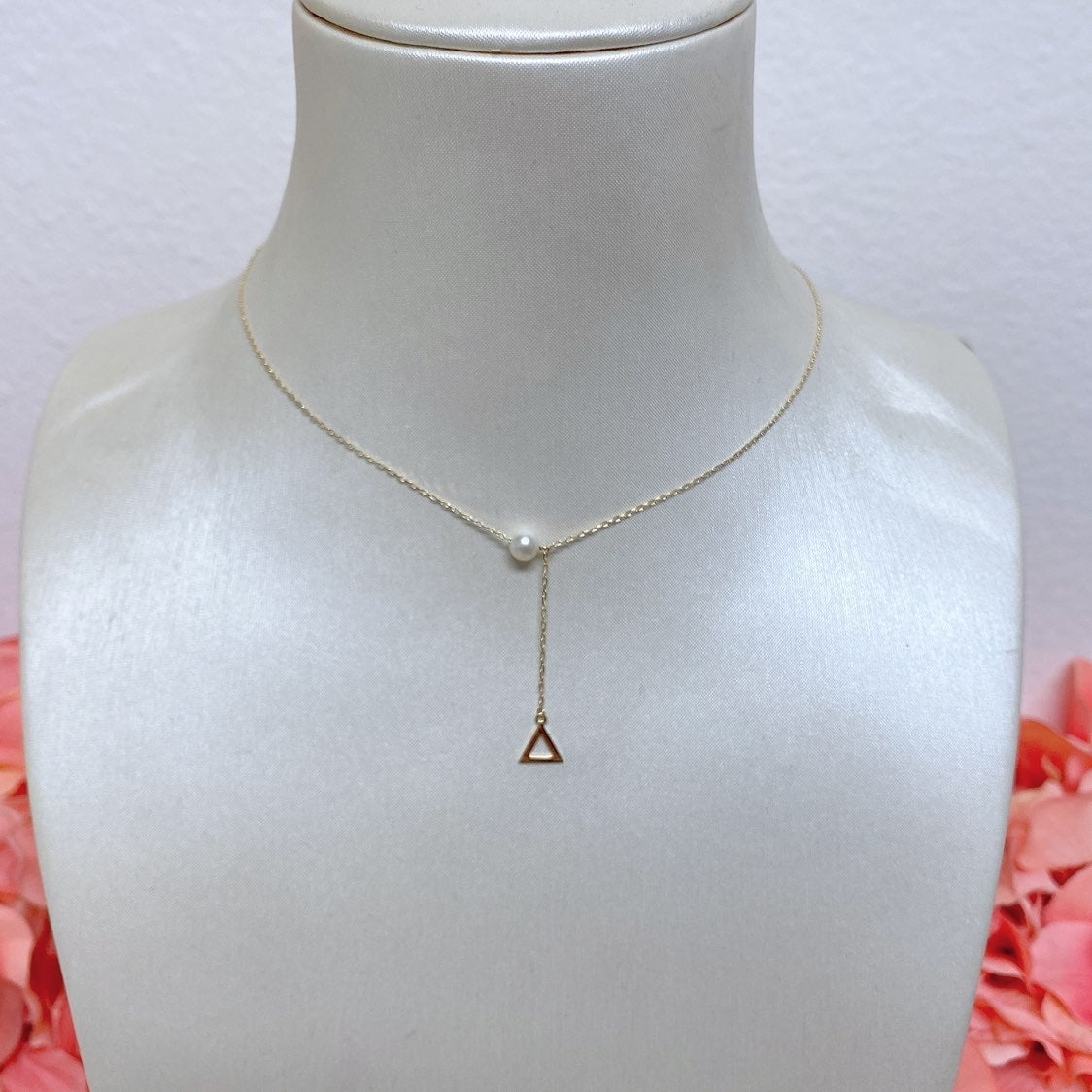 14k gold pearl lariat triangle necklace