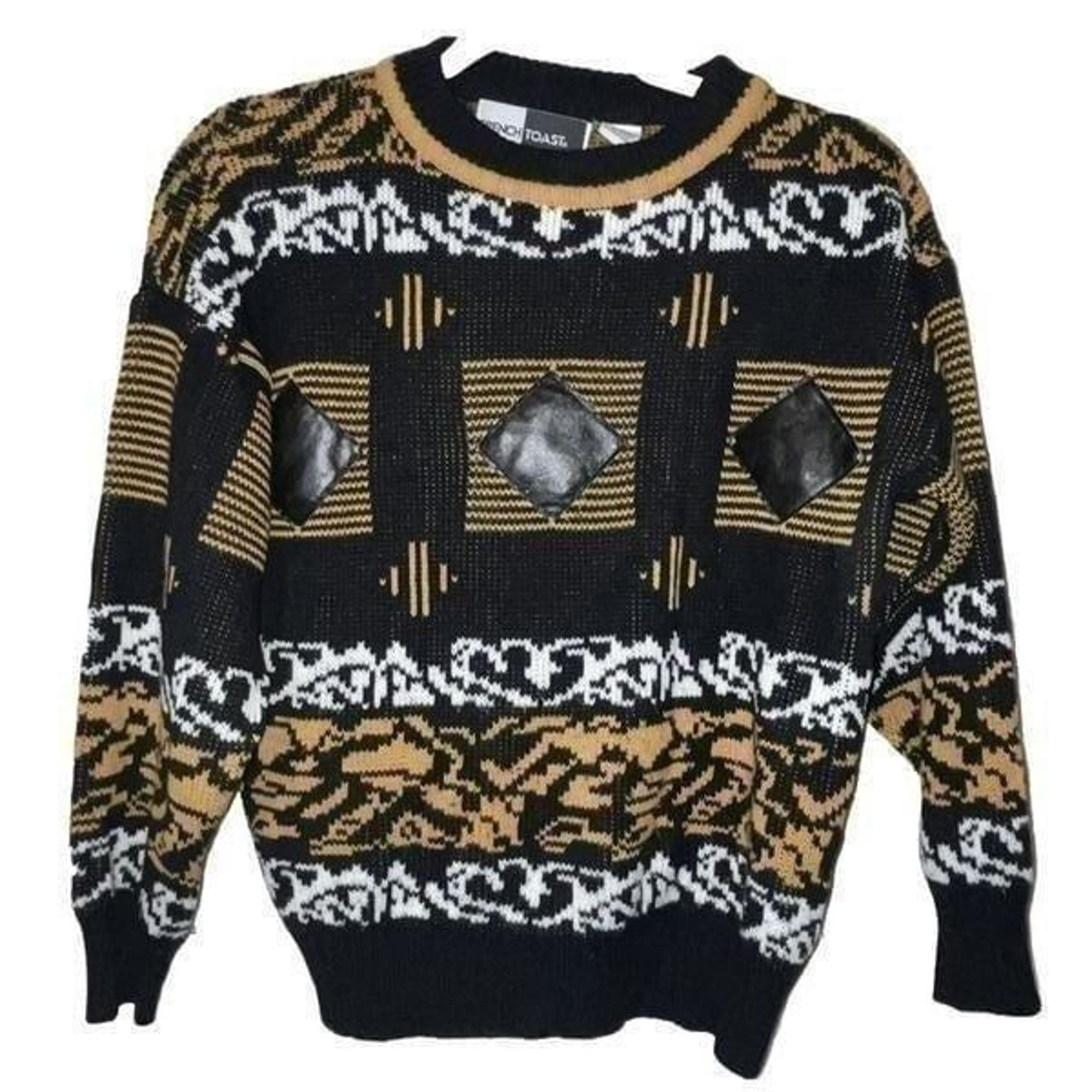 Youth Sz 14 VTG Sweater Geometric Acrylic Black White Gold Leather Retro Read