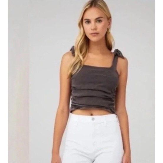 Free People XL Boulevard Crop Tank Ruched Tie Straps Gray Stretch Lined Boho EUC