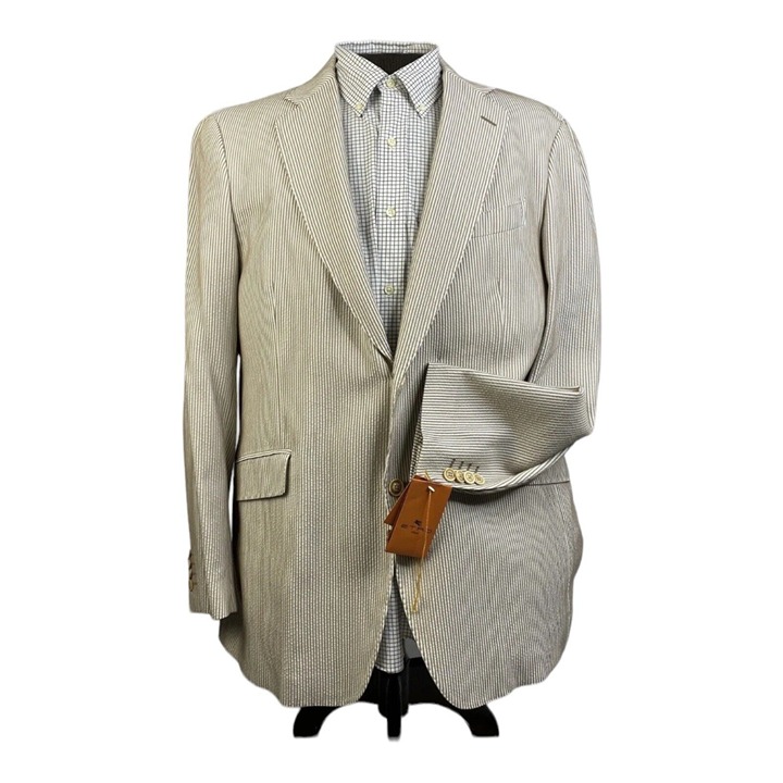 NWT Etro Milano Tan w/ Brown Stripe Seersucker Sport Coat Blazer 46R