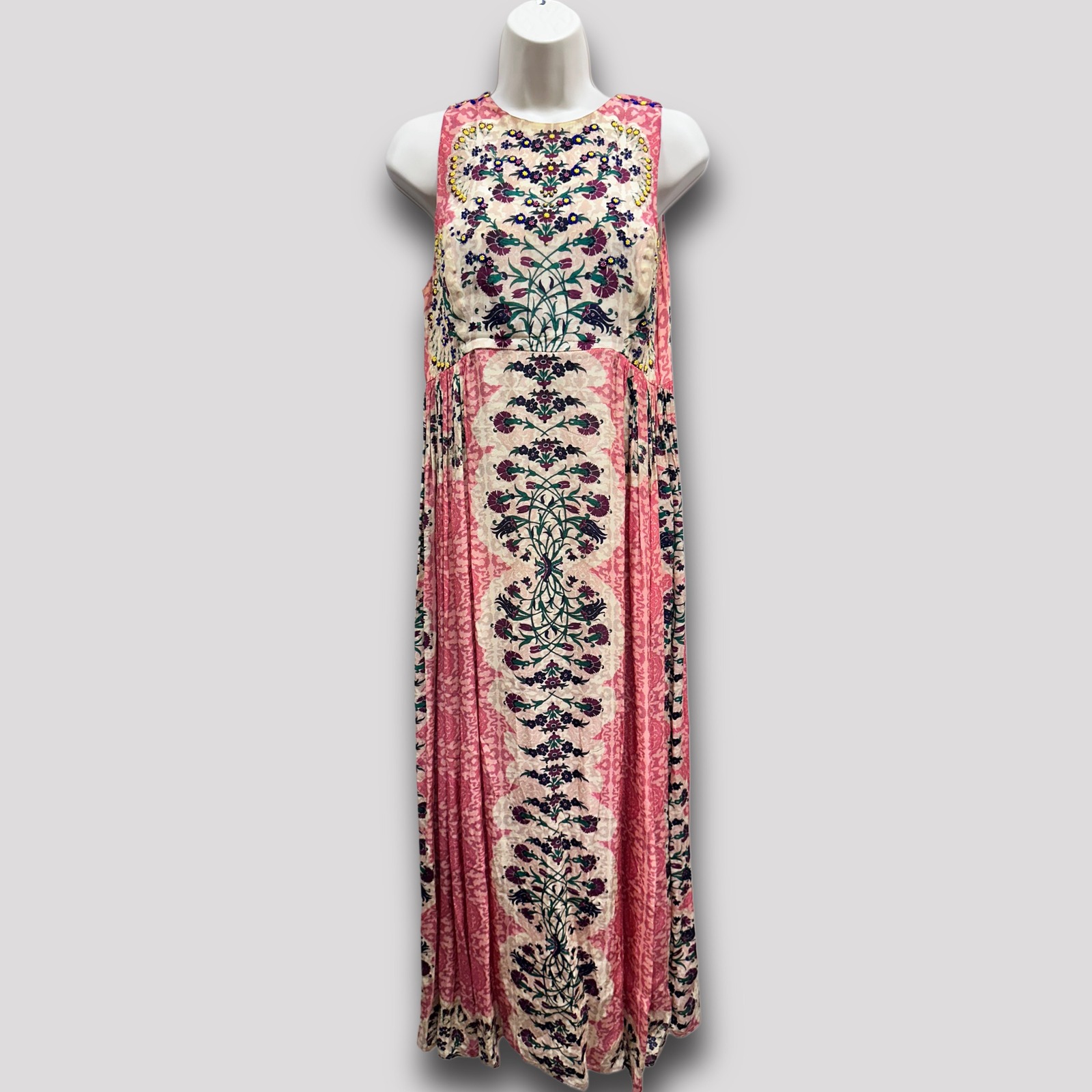 Bhanuni By Jyoti Anthropologie Dress Womens 6P Pink Floral Beaded Long Maxi