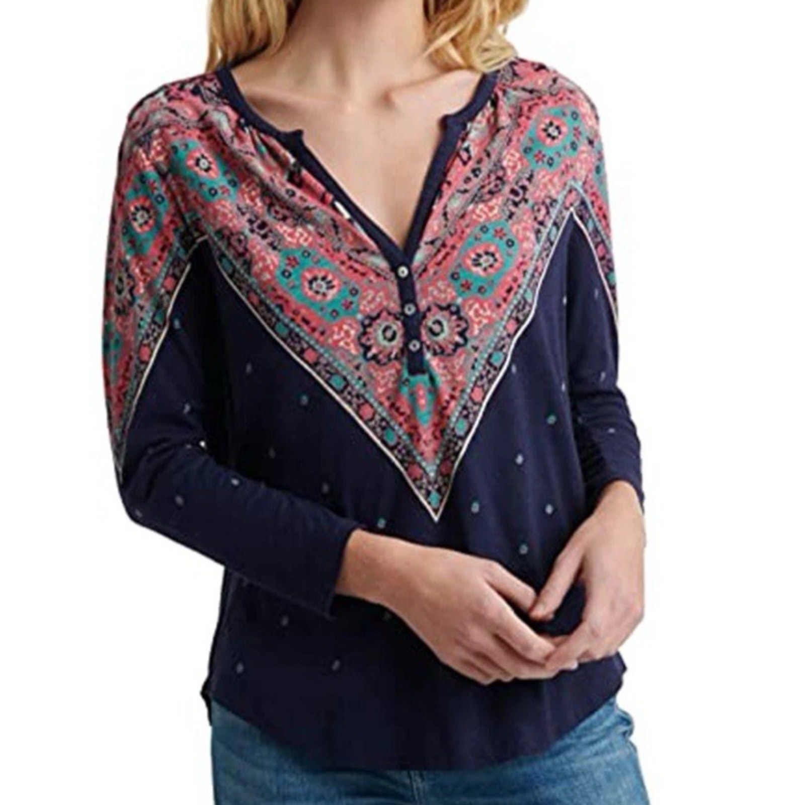 Lucky Brand Women XL Bandana Print Henley Shirt Navy Boho Hippie V Neck