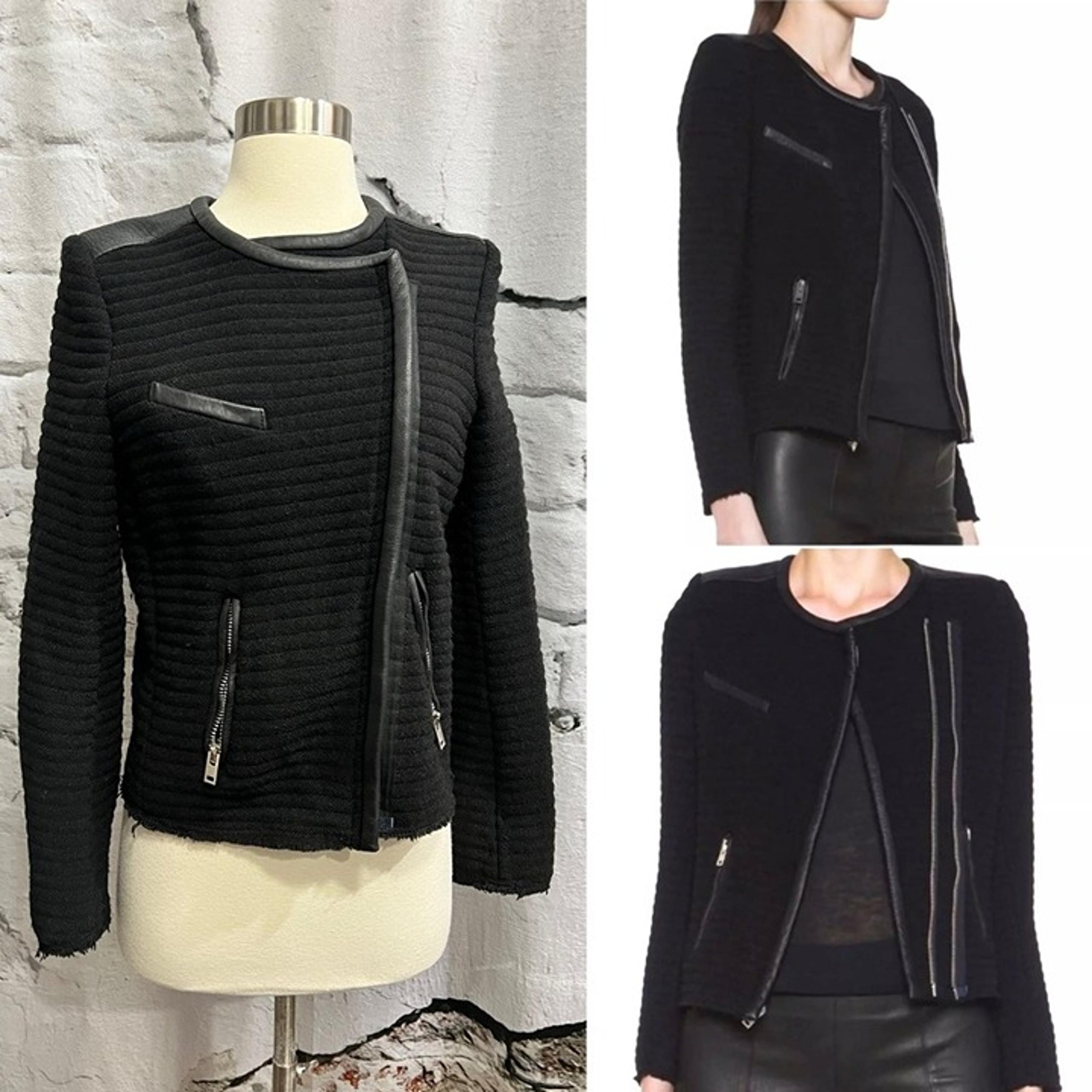 IRO Black Fleece Boucle Maiden Raw Hem Quilted Leather Detail Jacket Zippers