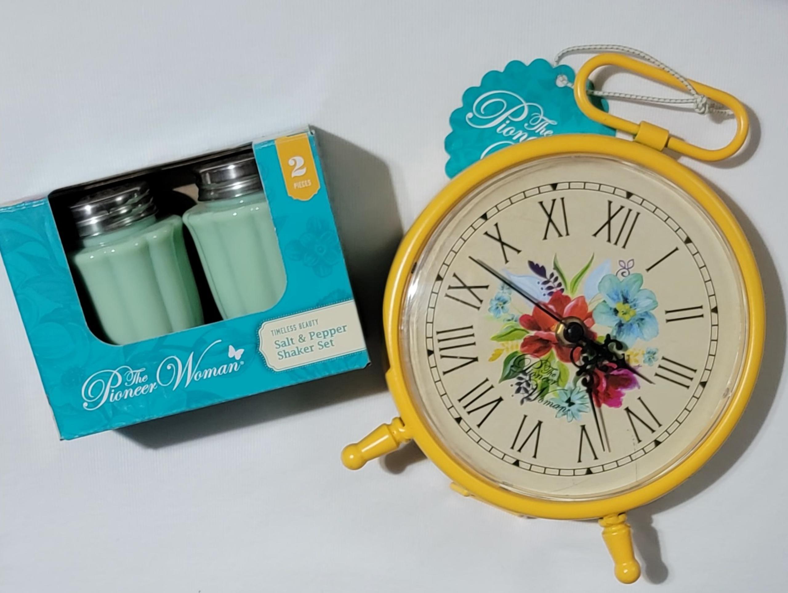 Pioneer Woman Clock, and  salt & pepper shakers