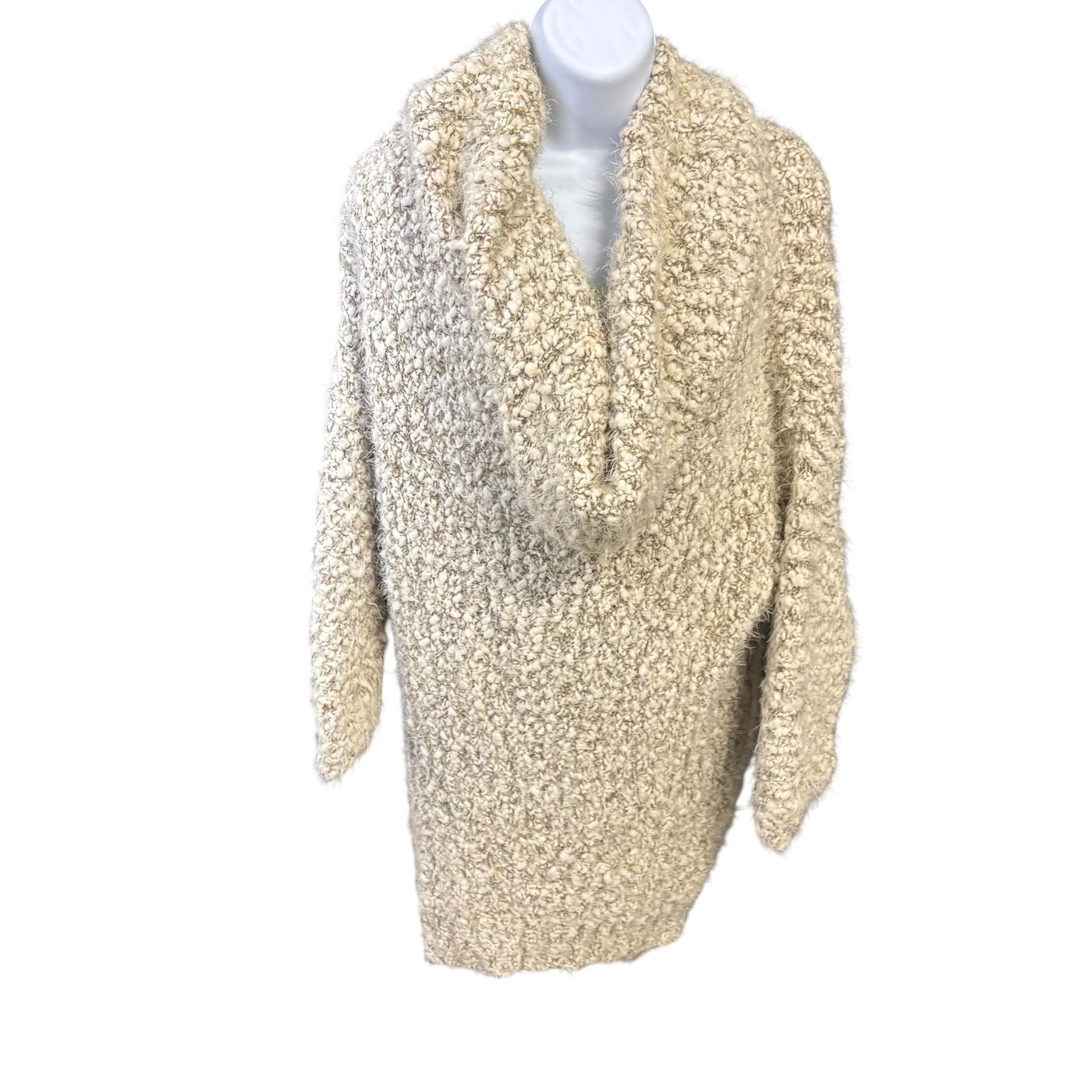 Umgee Cowl Neck Sweater Dress Fuzzy Knit Tunic Top Pullover Beige Small