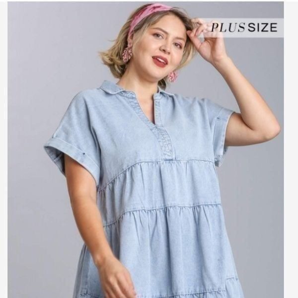 Umgee Ruffle Tiered Denim Dress with Frayed Hem Plus Sze