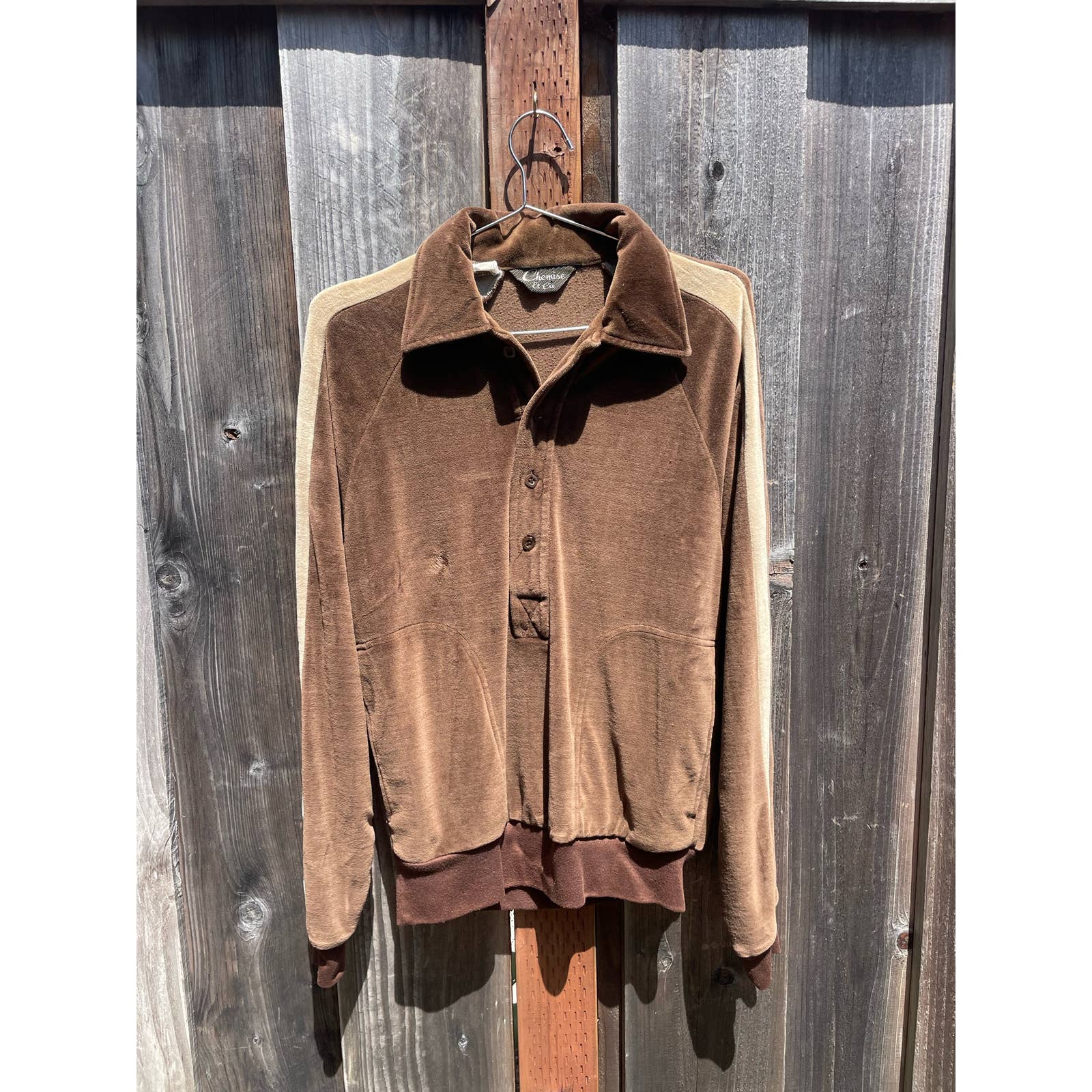 Vintage 60's Chemise Et Cie Brown Velour Raglan 1/2 Button Shirt Mens Size S