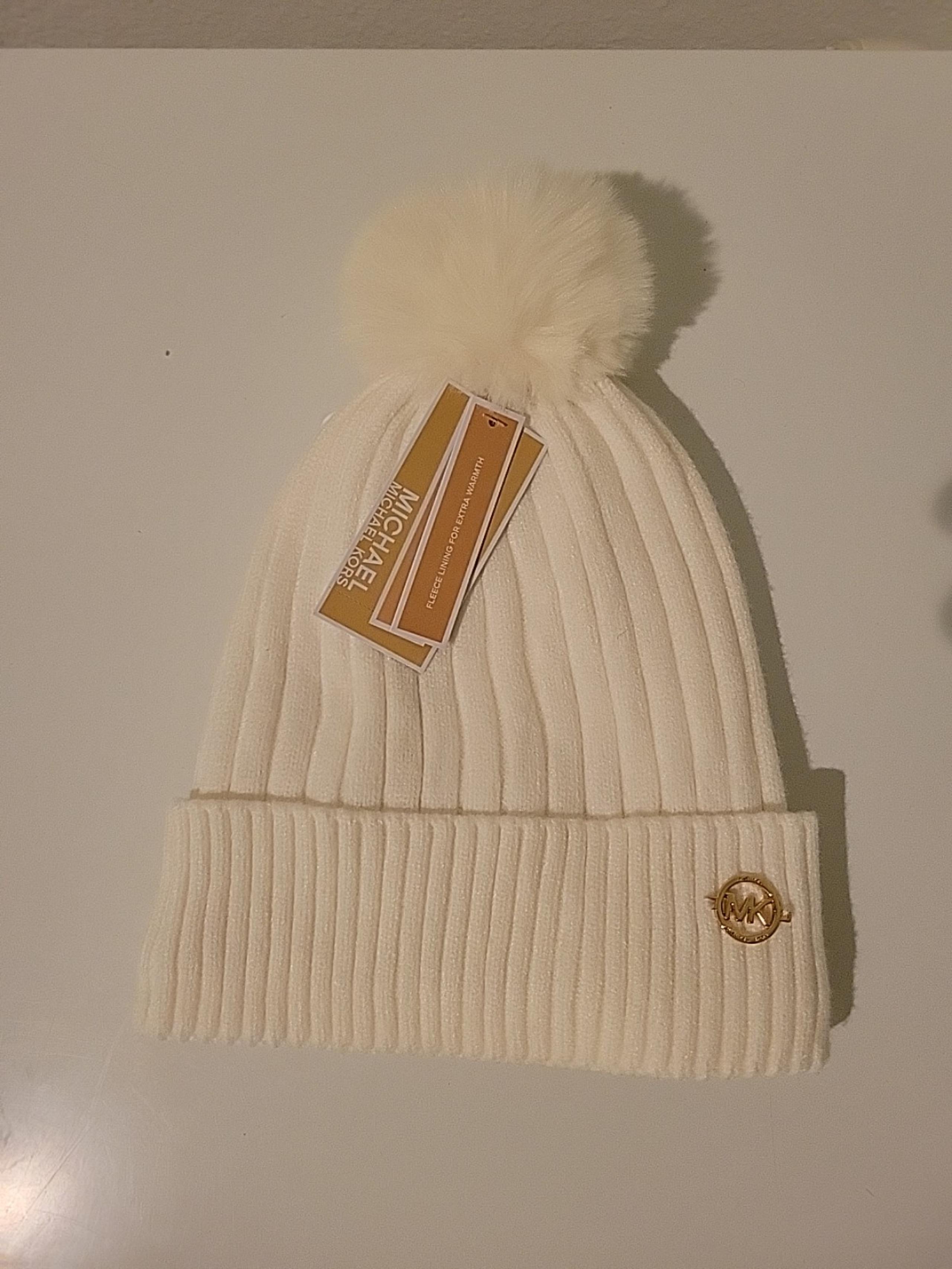 Michael Kors White Ribbed Knit Cuffed Beanie Hat Lined With Pom Pom OS NWT
