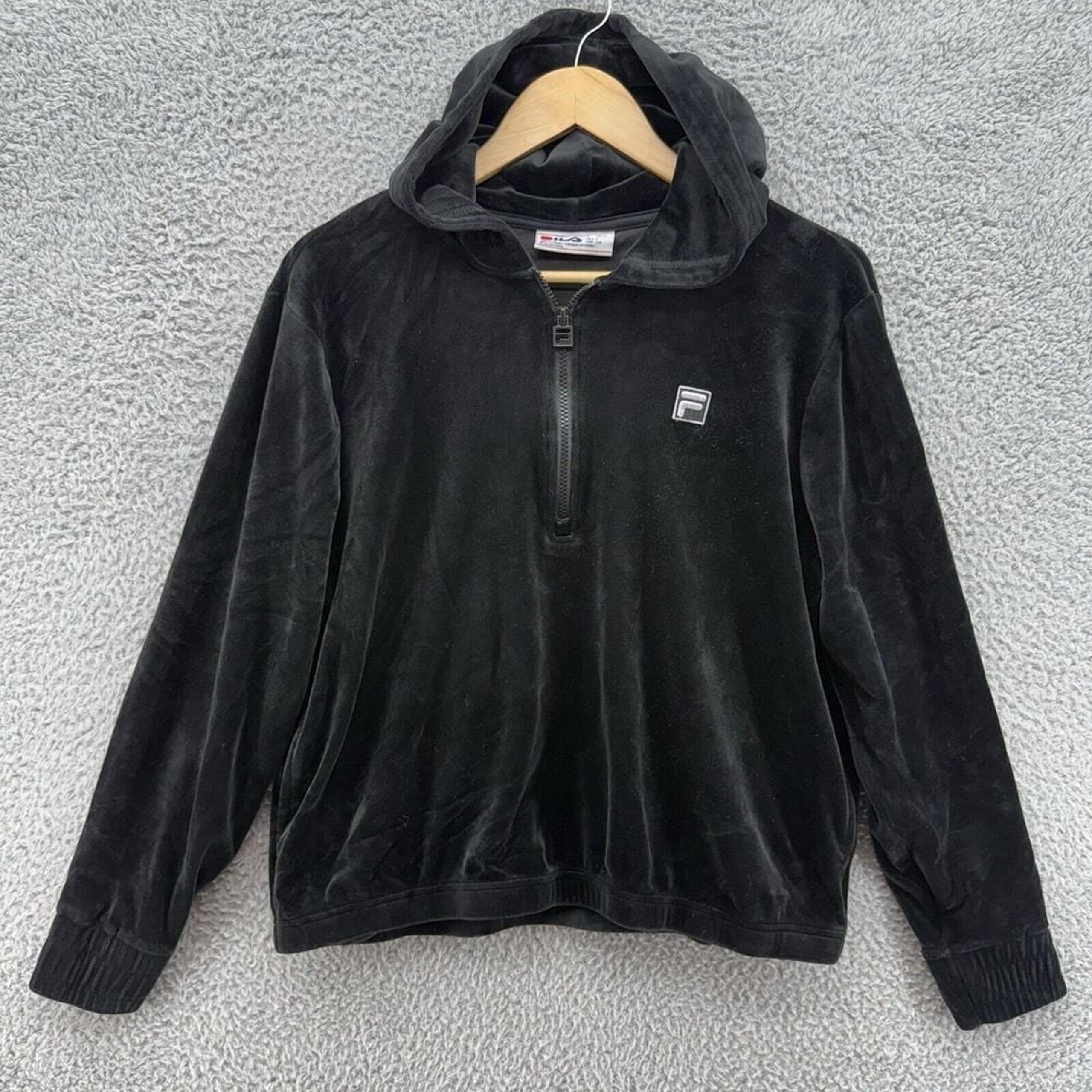 FILA Women's Large Soft Velour 1/4 Zip Black Pullover Hoodie Logo Sweatshirt
