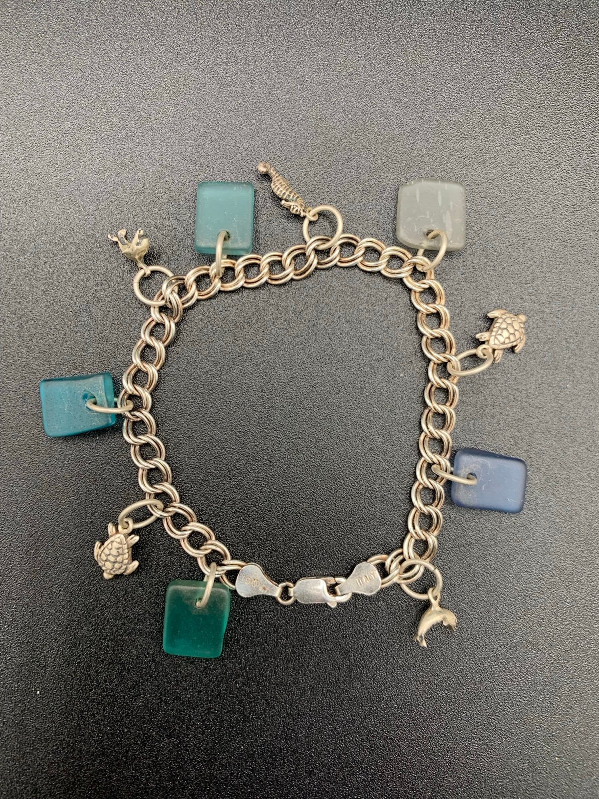 Sea Glass And Ocean Animals Sterling Silver 925 Charm Bracelet 8”