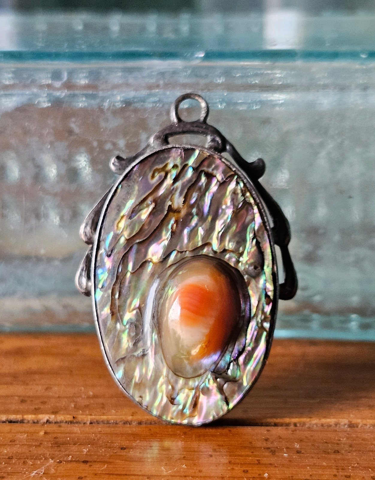 Gorgeous Old Vintage Sterling Silver Coral Abalone Pendant