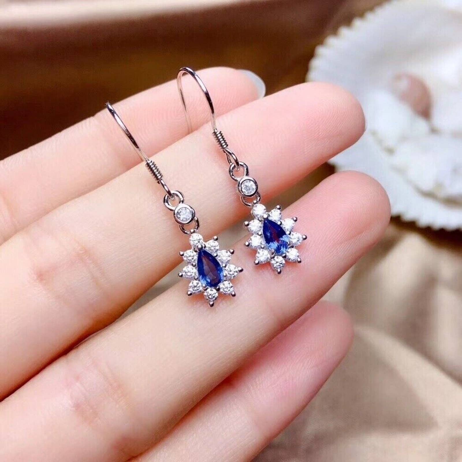 Sri Lanka Sapphire Dangle Earrings, Blue Sapphire Elegant Drop Earrings Sterling