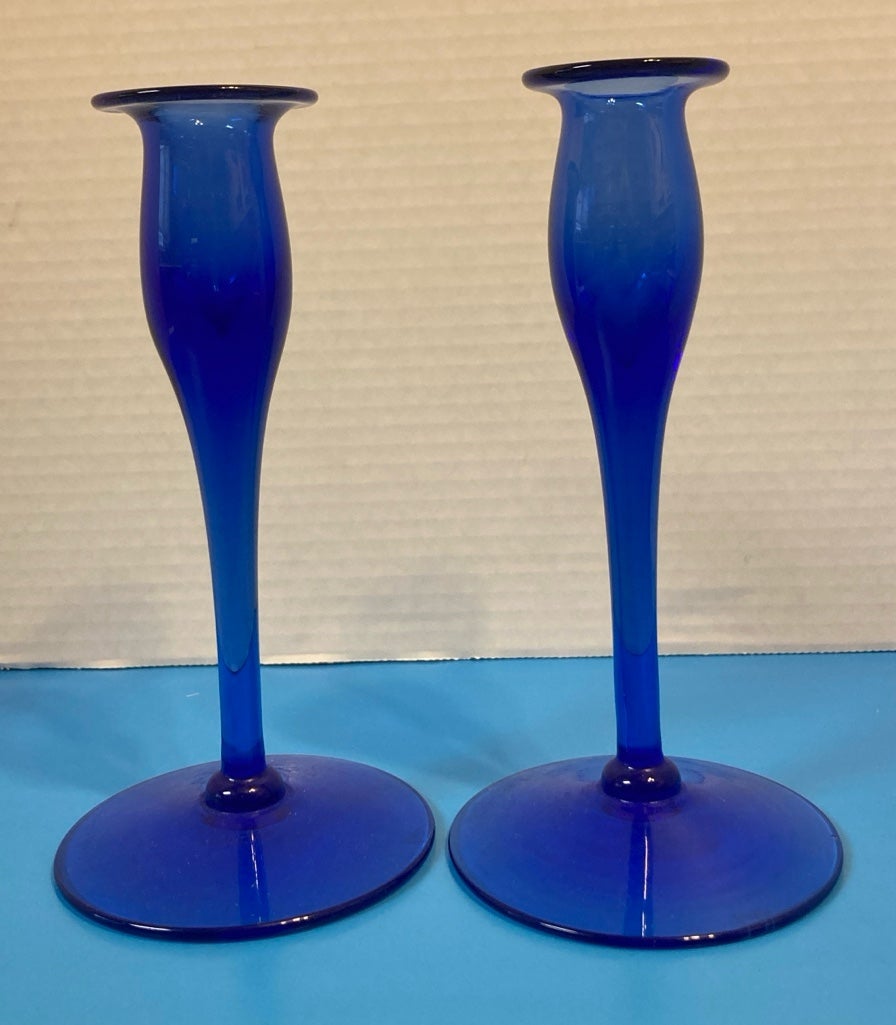 Beautiful vintage Cobb hand blown Colbalt blue taper candle holders. Signed