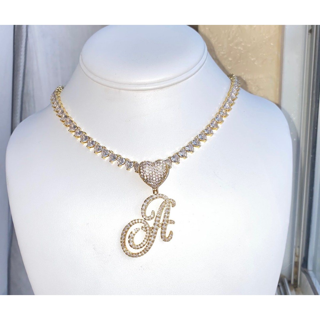 Iced Out Initial Heart Tennis chain Cursive Letter A
