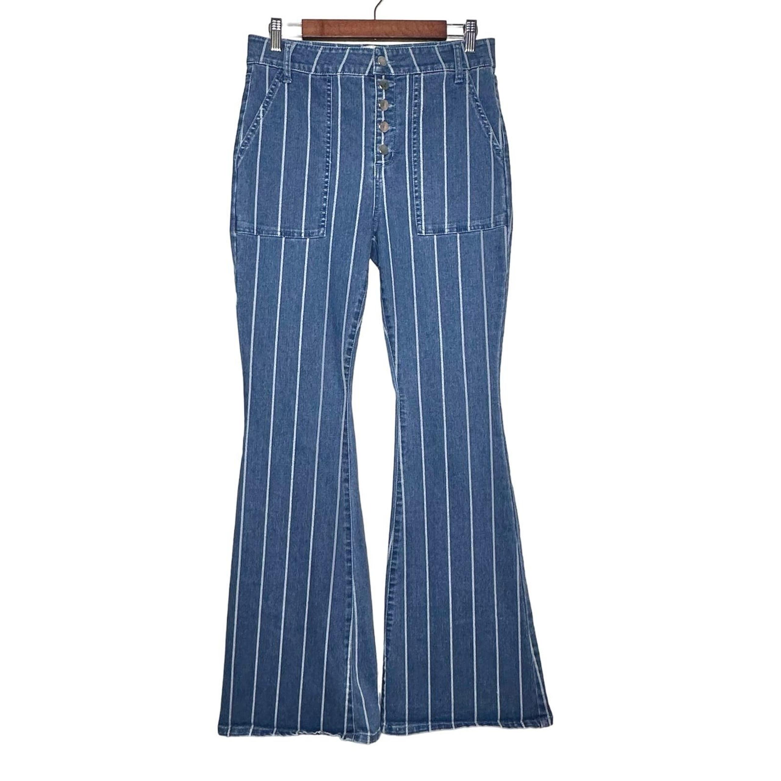 Gianni Bini | Women | Striped Herringbone High Rise Button Fly Flare Jeans | 11
