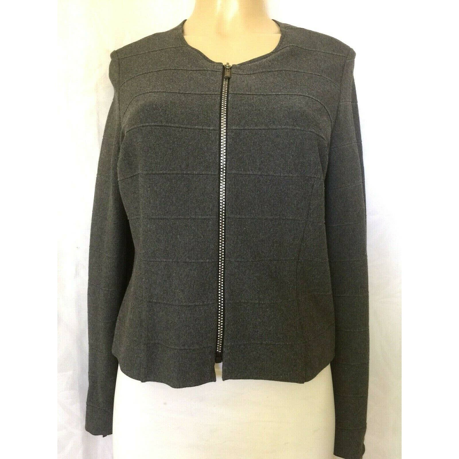 Joseph Ribkoff Jacket Blazer Gray Rhinestone Zip Stretch Long Sleeve M