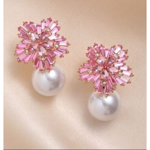 Pink Faux Pearl Crystal Gold Tone Flower Rhinestone Earrings Pierced