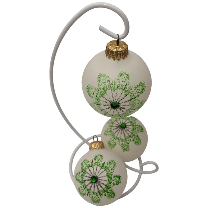 West Germany Glass Ornaments Green Silver Glitter Embellished Gold Tone Set of 3