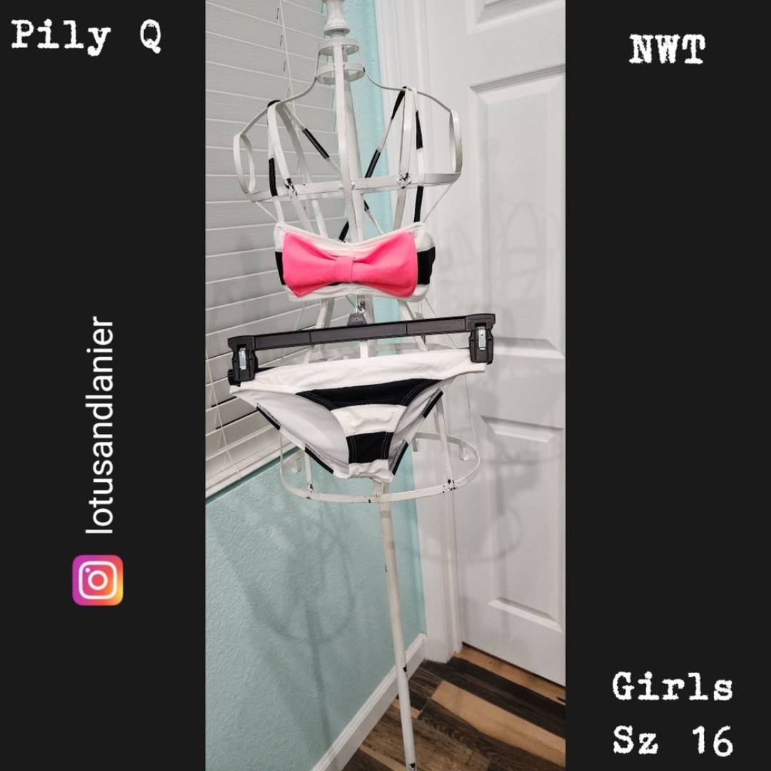 PilyQ Girls Black & White Striped Bikini Sz 16