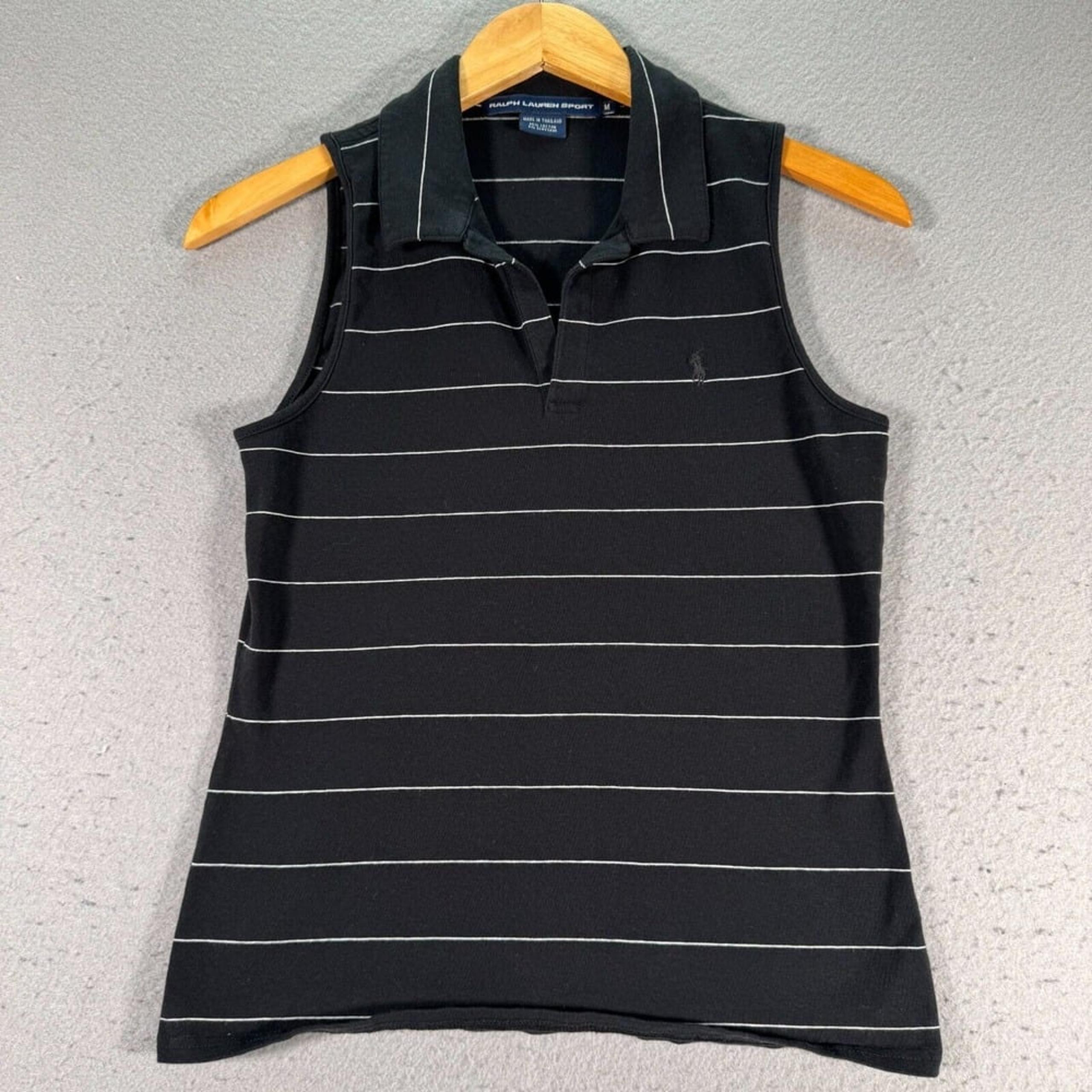 Vintage Ralph Lauren Sports Tank Top Womens Medium Black Stripes Pony Collared