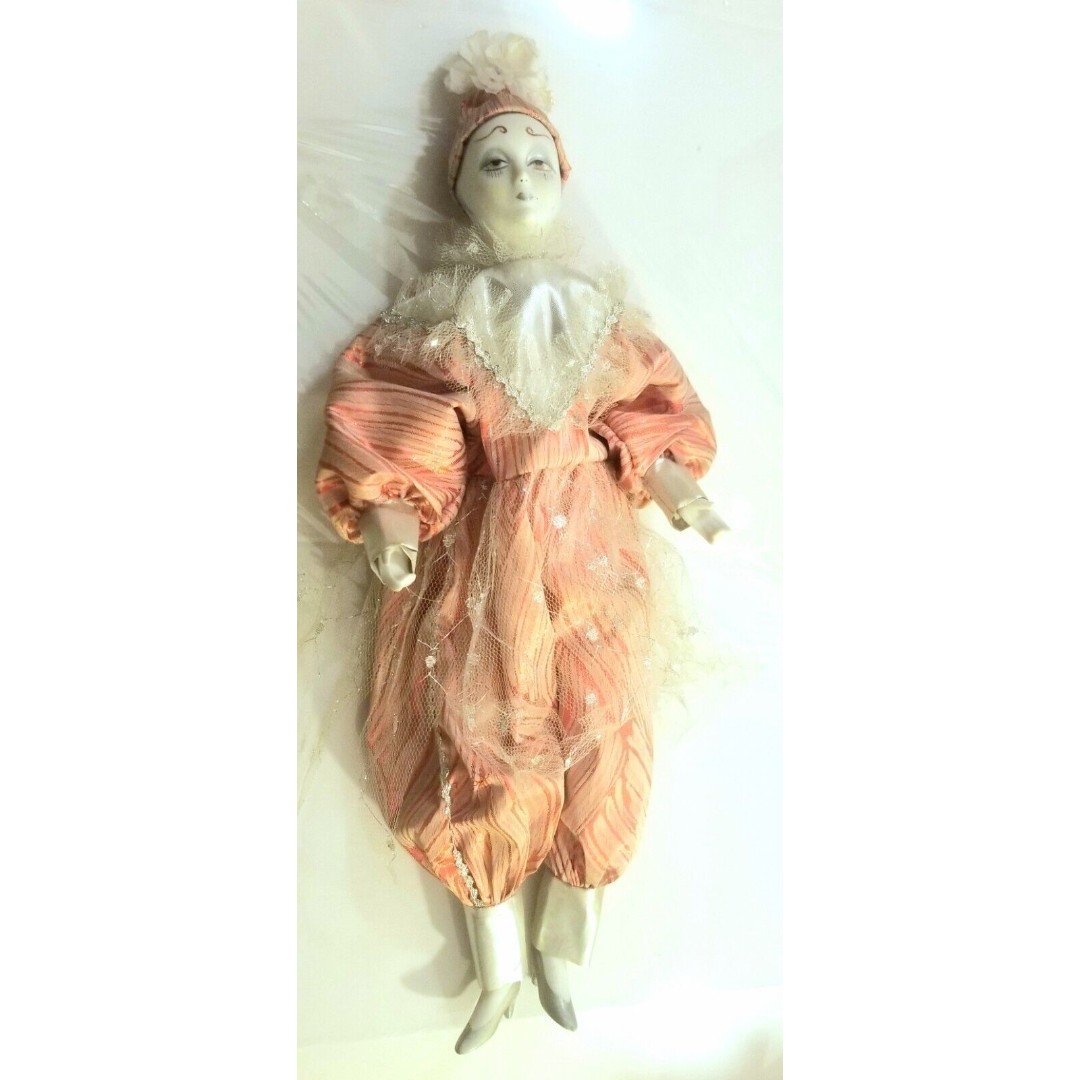 Vintage Harlequin Clown Porcelain Bisque Doll 16 Tall
