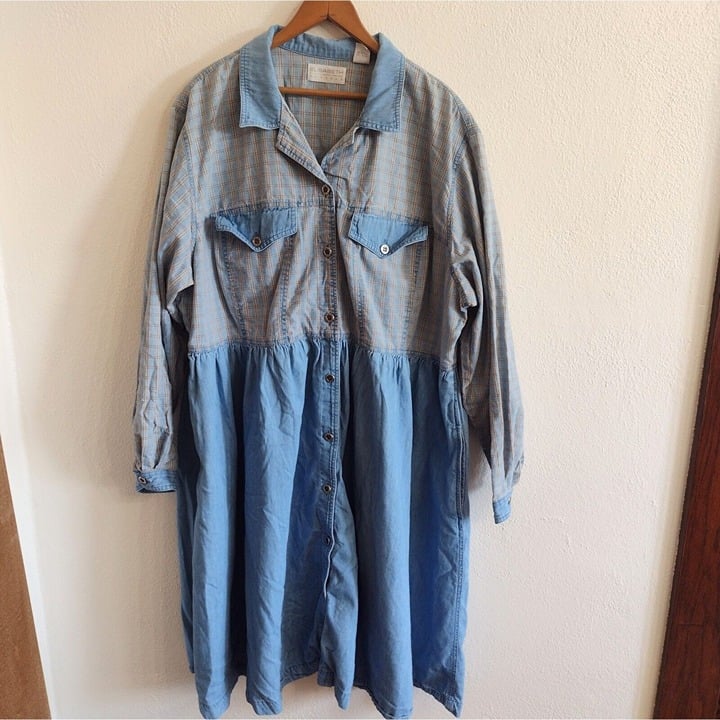 Vtg 90s Elisabeth Liz Claiborne Plaid Denim Dress Long Sleeve Button Up Size 18