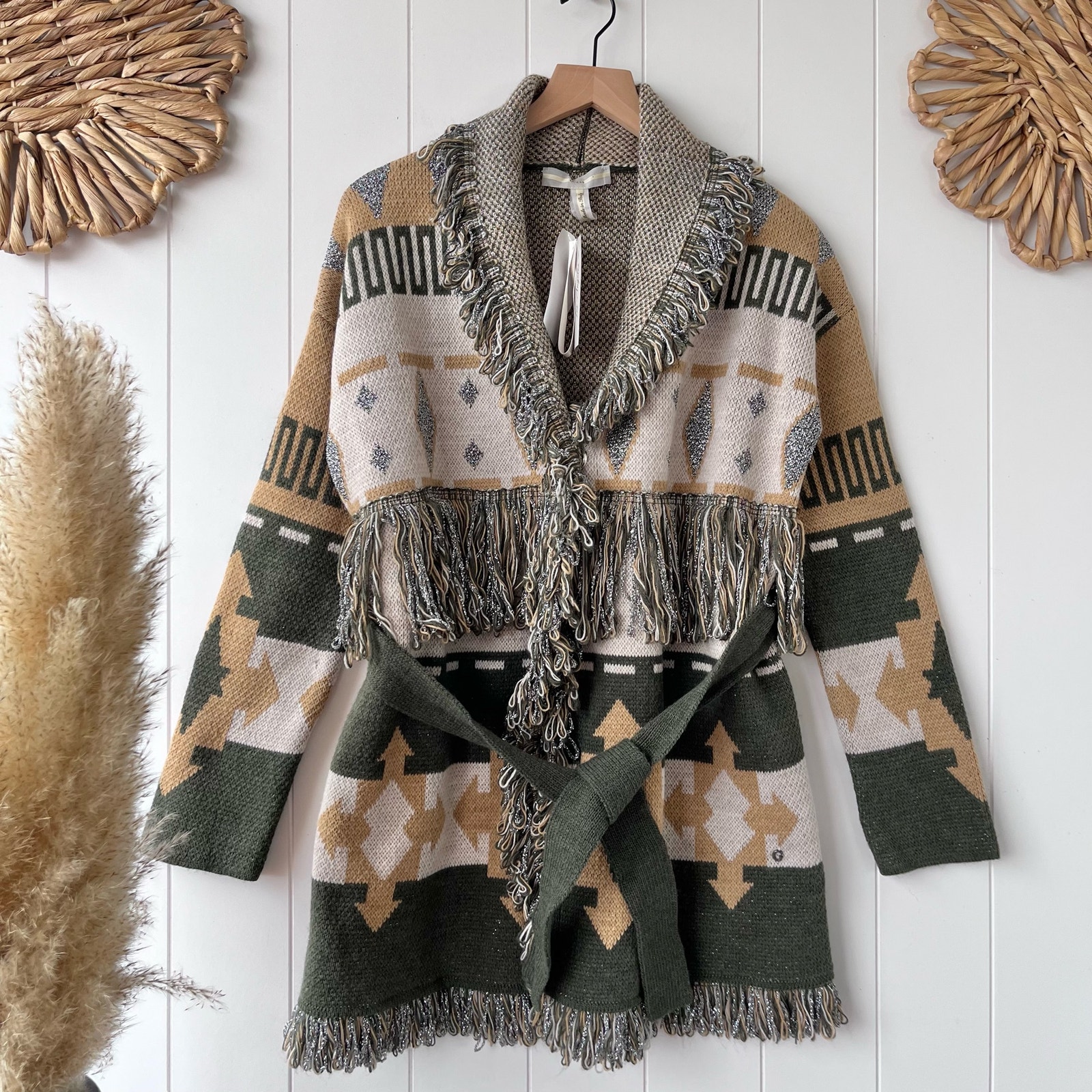 Guess sweater coat western cardigan belted fringe