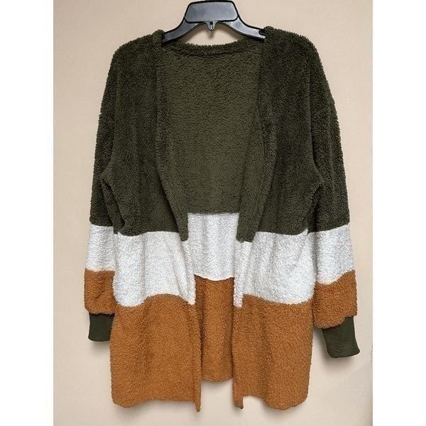 Womens Long Sleeve Open Front Soft Plush Cardigan Loose Fitting Color Block Sz S